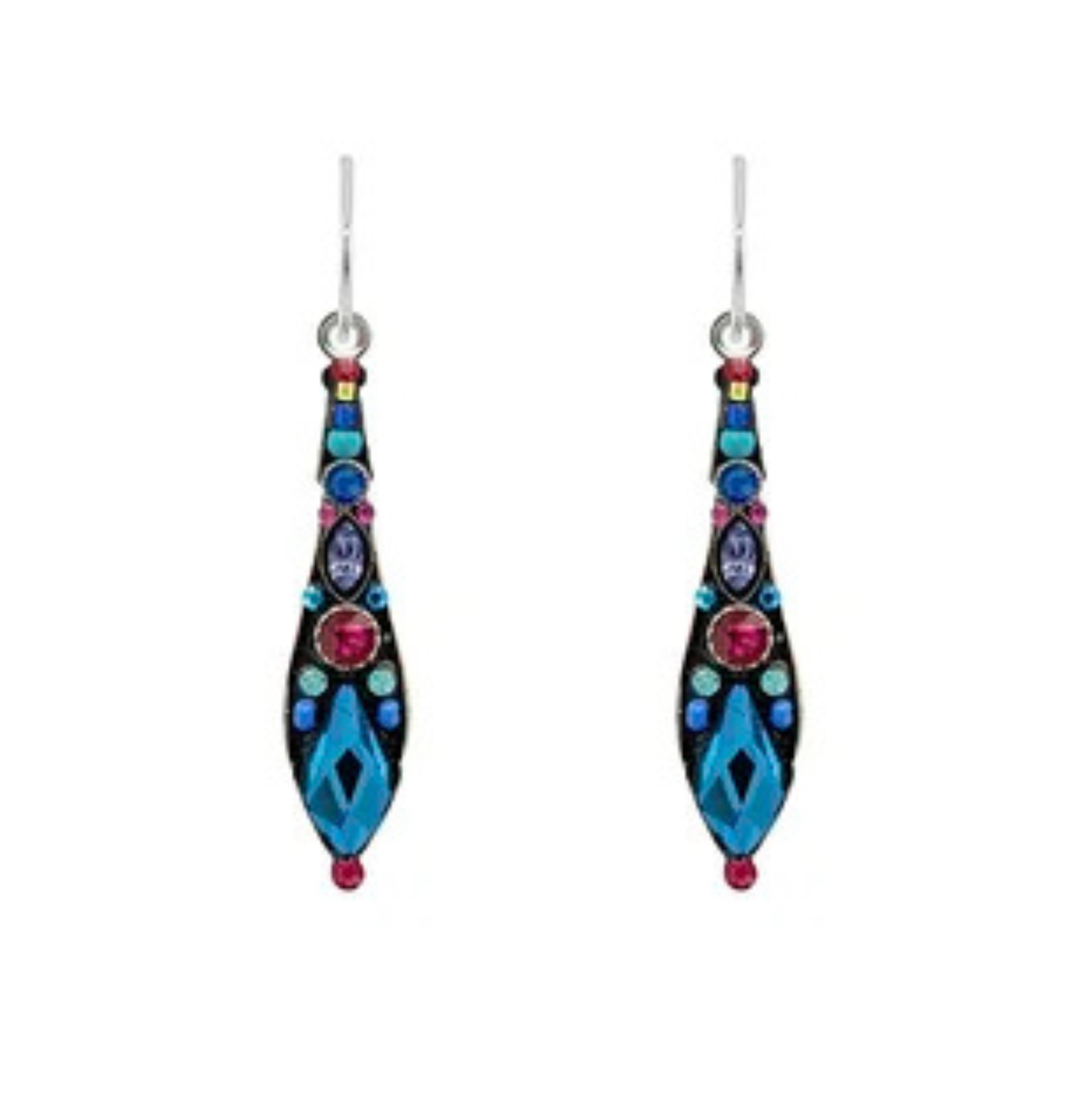 The Gazelle Medium Drop Bermuda Blue Earrings by Firefly feature an elongated teardrop design adorned with blue, pink, and purple gemstones, gracefully suspended from silver hooks. Handcrafted as part of the Firefly Jewelry collection, these fair-trade earrings exemplify exquisite craftsmanship.