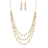 The A-Train Gold Multi-Color Bead Edge Boho Necklace Set features vibrant red, yellow, orange, and turquoise beads with gold accents, crafted from quality mixed metals for an elegant look.