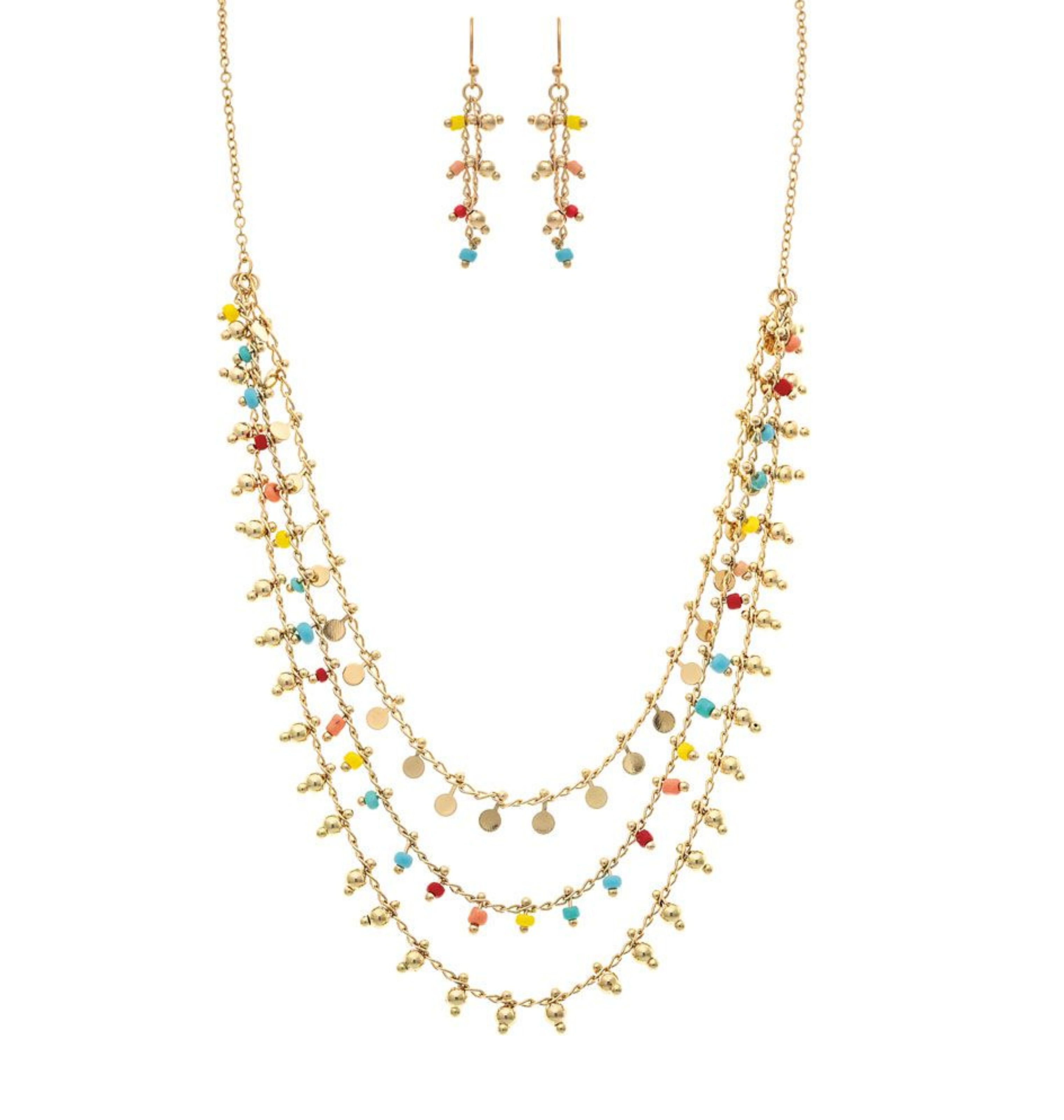 The A-Train Gold Multi-Color Bead Edge Boho Necklace Set features vibrant red, yellow, orange, and turquoise beads with gold accents, crafted from quality mixed metals for an elegant look.