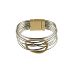 The Origin Shiny Silver Strand/Gold Circle Focal Magnetic Bracelet features gleaming silver strands, a striking gold circle focal, and a sleek gold clasp.