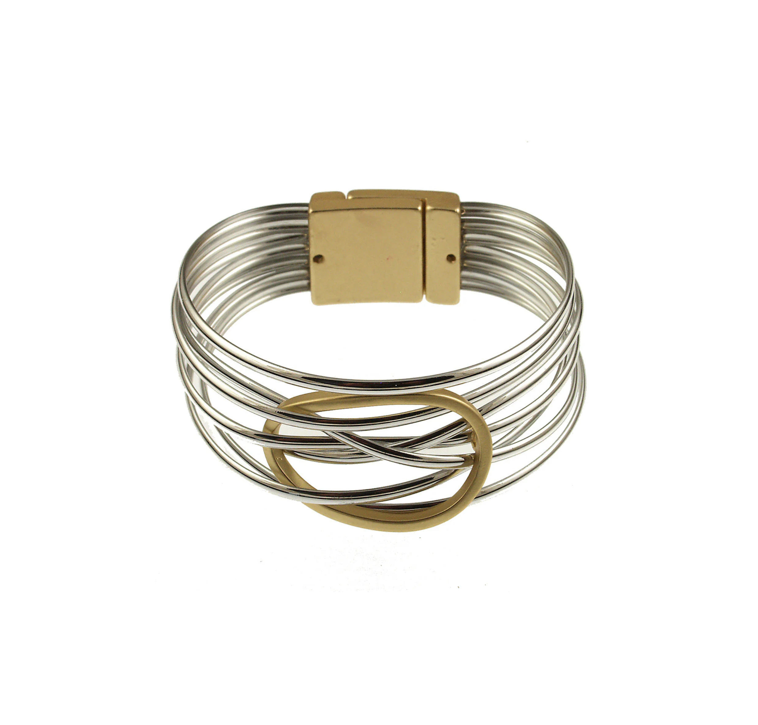 The Origin Shiny Silver Strand/Gold Circle Focal Magnetic Bracelet features gleaming silver strands, a striking gold circle focal, and a sleek gold clasp.
