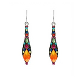 The Gazelle Drop Multi-Color Earrings by Firefly feature long, drop-style earrings accented with orange teardrop gems and an array of colorful stones in blue, red, and green, finished with silver hooks. Beautifully handmade in Guatemala.