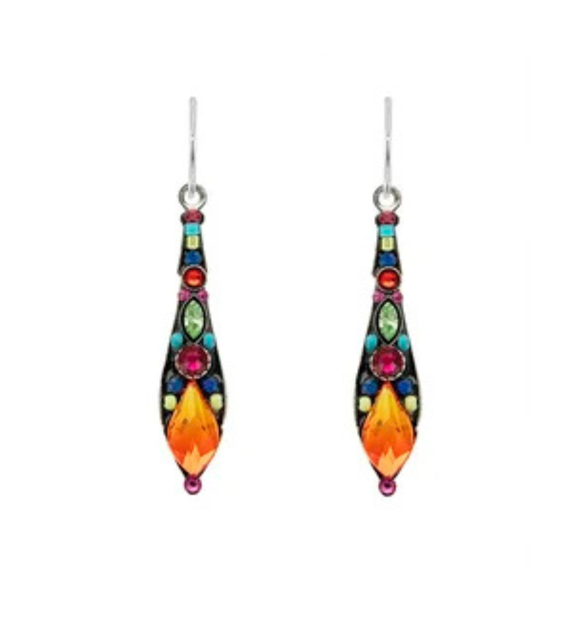 The Gazelle Drop Multi-Color Earrings by Firefly feature long, drop-style earrings accented with orange teardrop gems and an array of colorful stones in blue, red, and green, finished with silver hooks. Beautifully handmade in Guatemala.