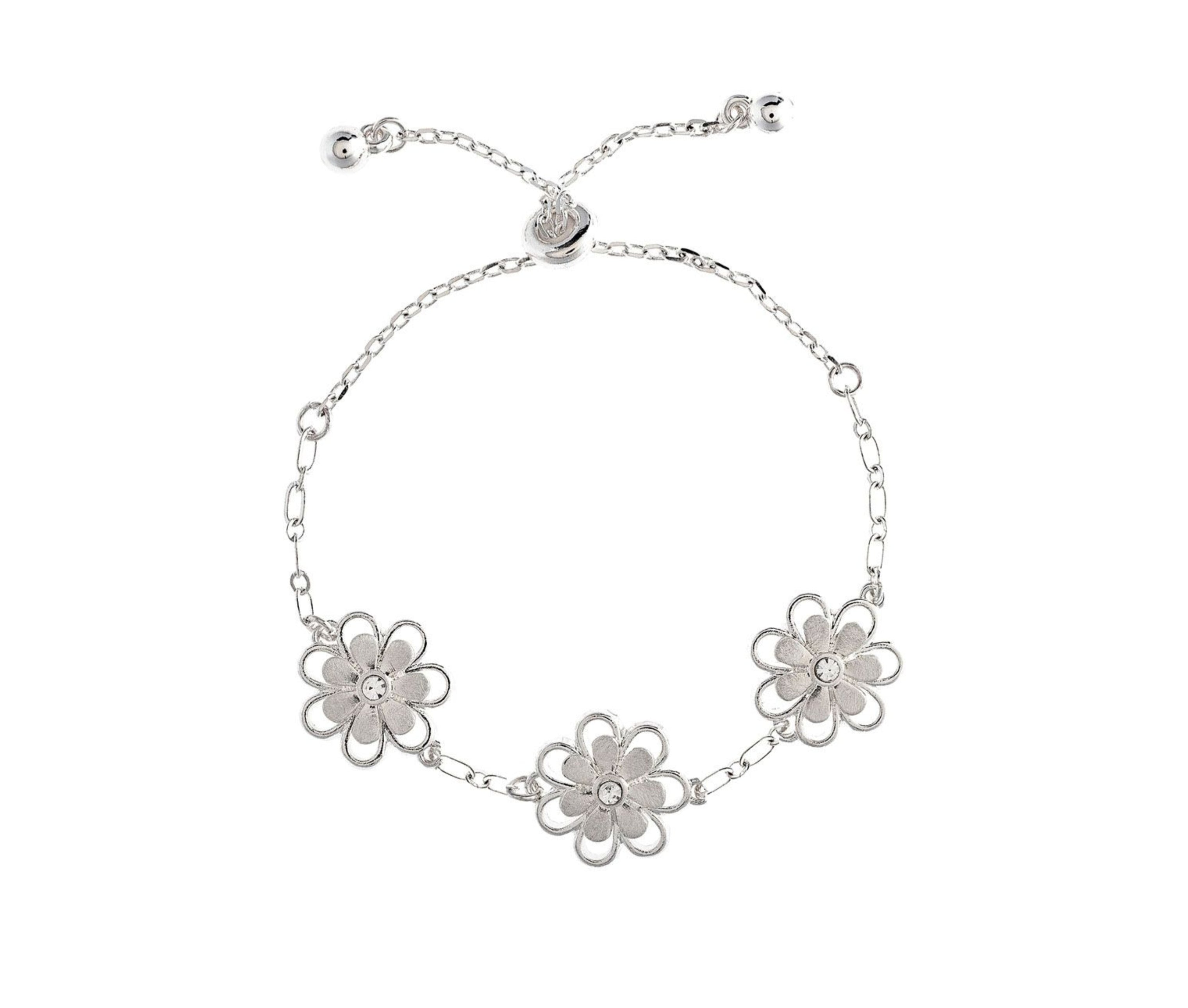 The A-Train Silver Three Flower Chain Link Slide Bracelet features three daisy-shaped charms on a chain and an adjustable sliding clasp with two small end beads for the perfect fit.