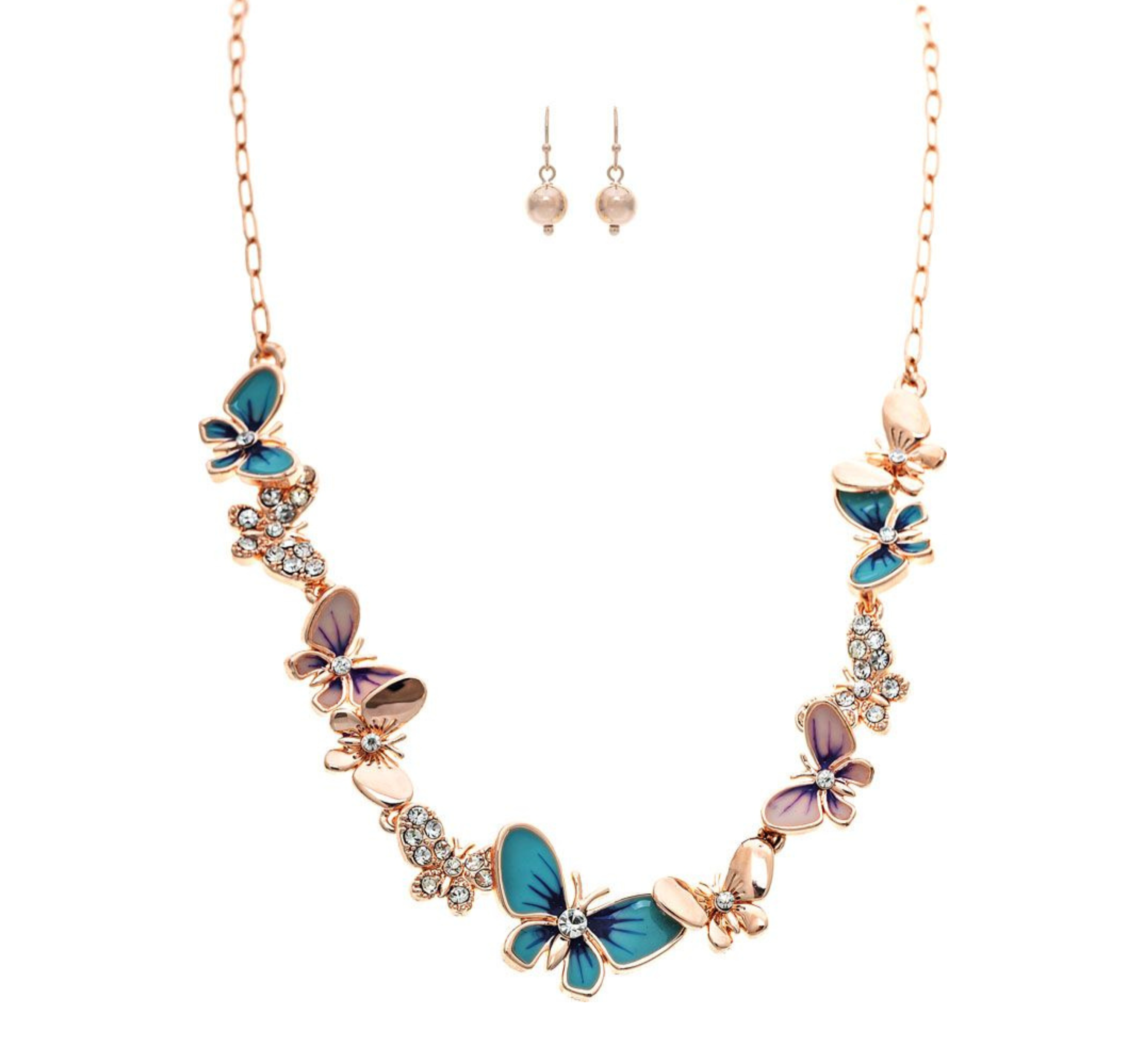 A-Train Rose Gold Crystal & Blue Butterfly Necklace Set features blue and purple butterfly charms with clear crystals, paired with round gold stud earrings—an elegant crystal jewelry set for any occasion, shown on a white background.