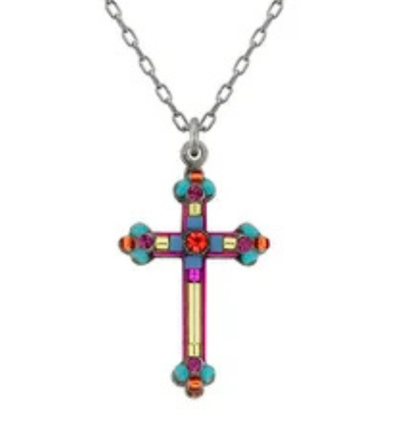 The Simple Cross Lime Necklace from Firefly is a handcrafted silver chain necklace made in Guatemala, featuring a vibrant geometric cross pendant adorned with turquoise, red, and yellow stones—a stunning reflection of Firefly’s colorful craftsmanship.