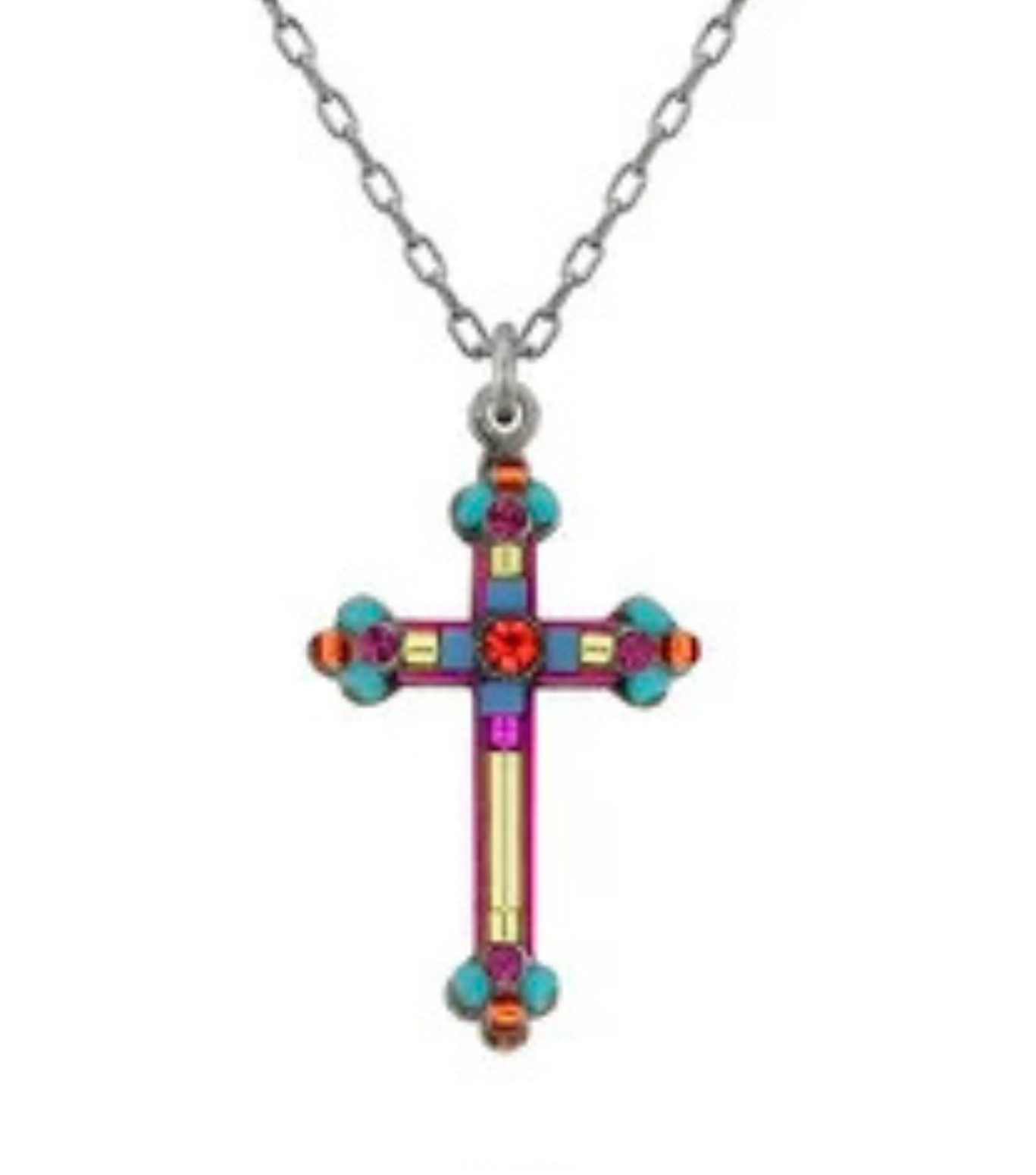 The Simple Cross Lime Necklace from Firefly is a handcrafted silver chain necklace made in Guatemala, featuring a vibrant geometric cross pendant adorned with turquoise, red, and yellow stones—a stunning reflection of Firefly’s colorful craftsmanship.