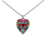 The Filigree Heart Large Pendant Necklace by Firefly features a silver chain and a large heart pendant adorned with colorful gemstones in red, blue, yellow, and pink, arranged in an ornate and symmetrical filigree design. Inspired by Firefly Jewelry, this exquisite piece highlights the charm of handmade fair trade jewelry.