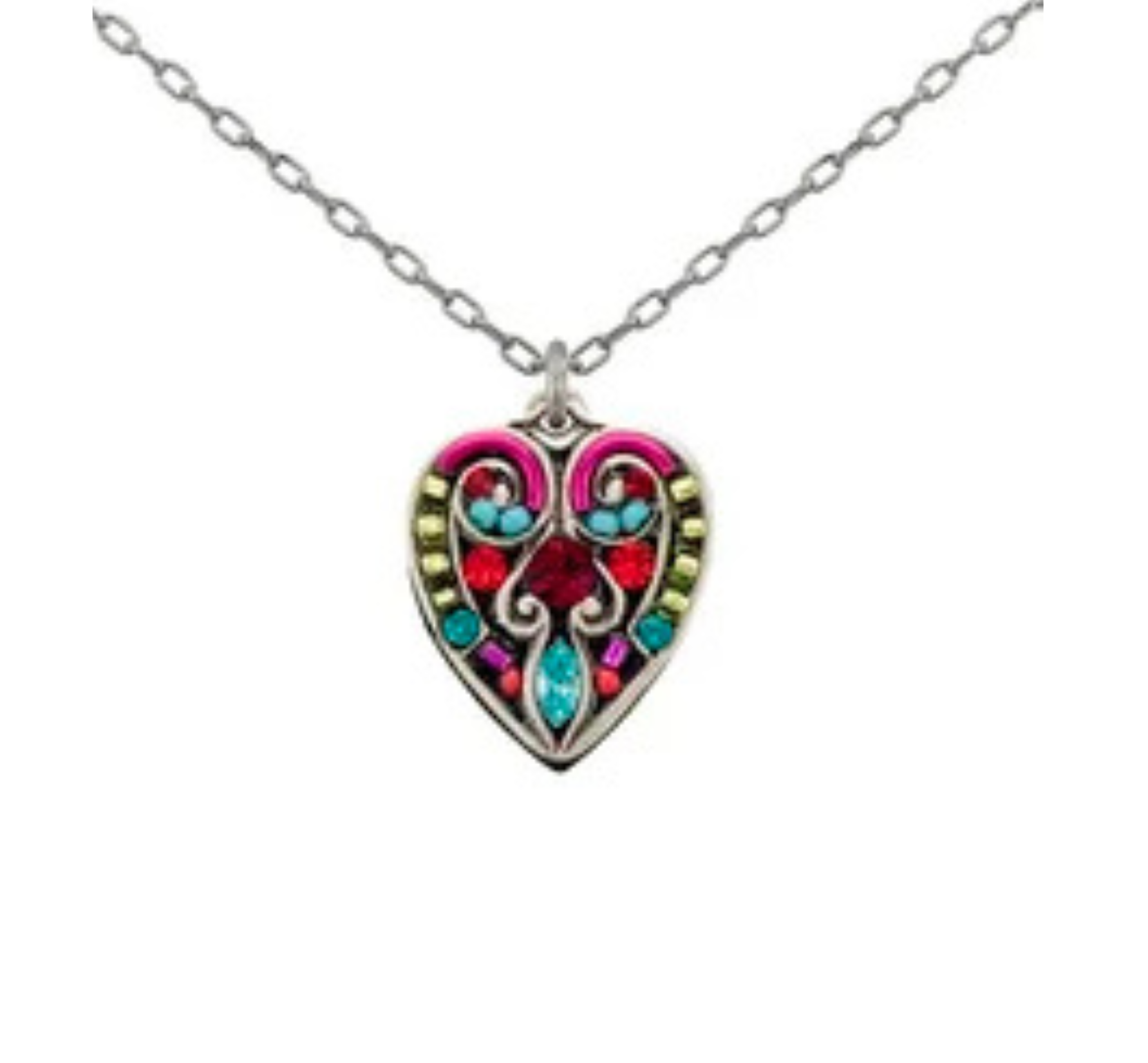 The Filigree Heart Large Pendant Necklace by Firefly features a silver chain and a large heart pendant adorned with colorful gemstones in red, blue, yellow, and pink, arranged in an ornate and symmetrical filigree design. Inspired by Firefly Jewelry, this exquisite piece highlights the charm of handmade fair trade jewelry.