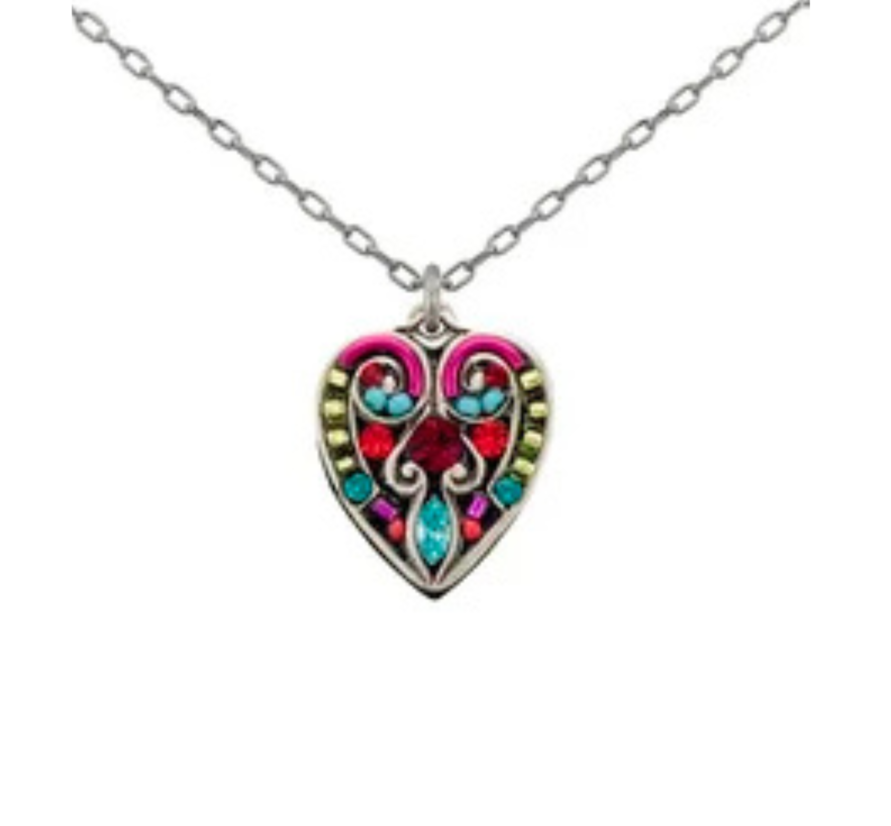 The Filigree Heart Large Pendant Necklace by Firefly features a silver chain and a large heart pendant adorned with colorful gemstones in red, blue, yellow, and pink, arranged in an ornate and symmetrical filigree design. Inspired by Firefly Jewelry, this exquisite piece highlights the charm of handmade fair trade jewelry.