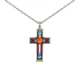 Adorned with sparkling blue, red, orange, yellow, and purple gemstones, the Medium Cross Multi-Color Necklace by Firefly is a handmade silver chain necklace that highlights the brand's signature vibrant artistry.