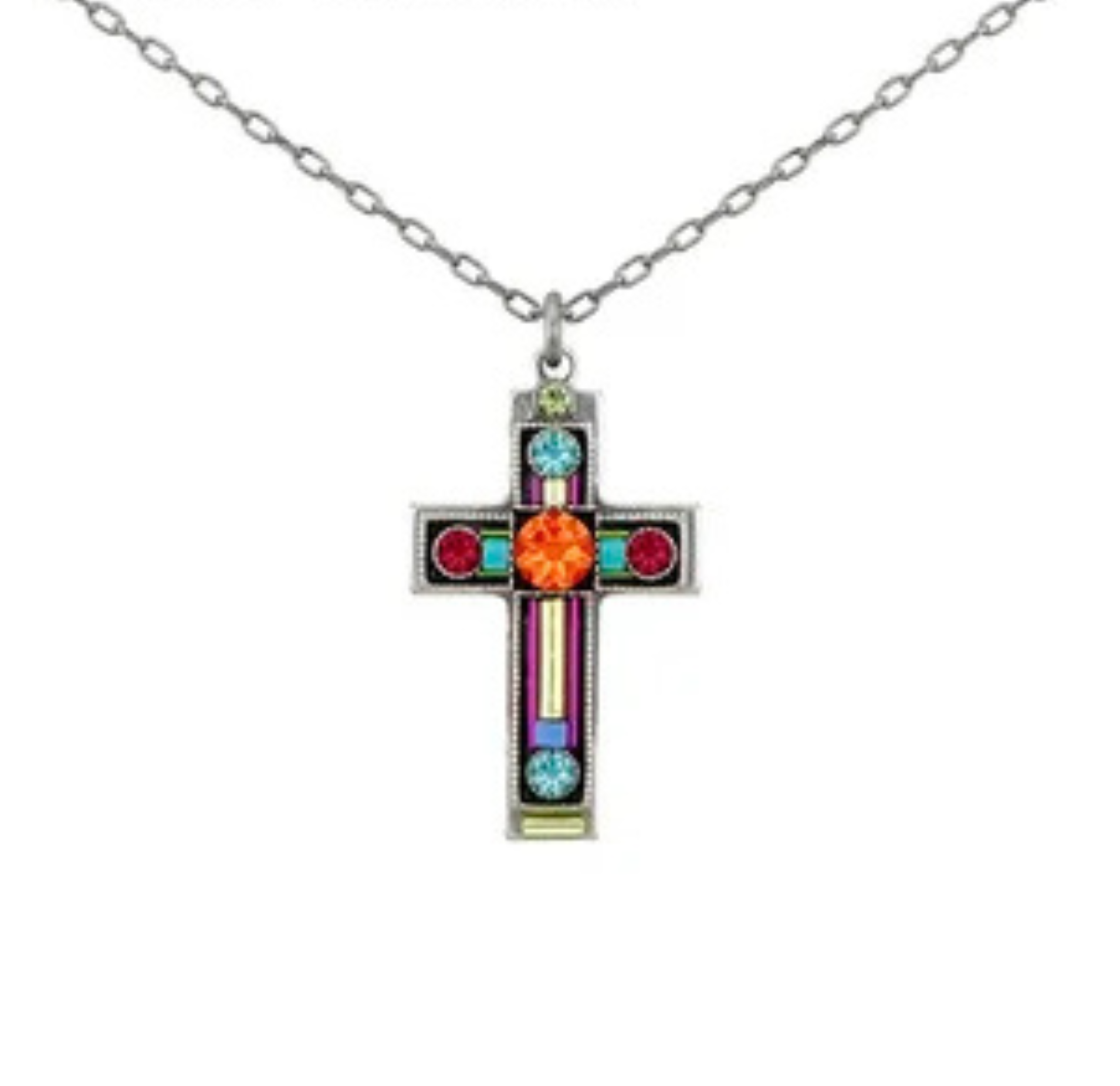Adorned with sparkling blue, red, orange, yellow, and purple gemstones, the Medium Cross Multi-Color Necklace by Firefly is a handmade silver chain necklace that highlights the brand's signature vibrant artistry.