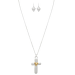 The A-Train Two-Toned Puffy Heart on Cross Necklace Set features a necklace with a gold-accented puffy heart on a cross and matching silver heart earrings—ideal for any occasion.