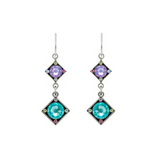 Introducing the Rainbow Two Tier Diamond Shape Drop Earrings by Firefly. These handmade earrings feature silver hooks and a striking two-tier diamond-shaped design. Each earring showcases a small purple gem on top and a larger turquoise gem below, accented with delicate multicolored stones at the corners. Add vibrant color and artisan charm to any outfit with this exquisite piece from Firefly Jewelry.