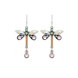 Moonlight Dragonfly Petite Earrings Soft by Firefly: These beautifully crafted artisan earrings from Firefly feature dragonfly-shaped designs with iridescent wings, pink and blue gem accents, and dangling pink beads, all set on silver hooks. Inspired by Guatemalan handmade jewelry, they add a vibrant touch of artistry to any outfit.