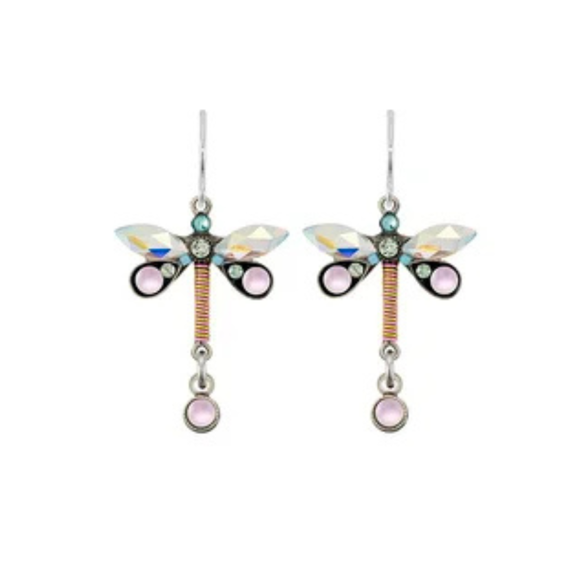Moonlight Dragonfly Petite Earrings Soft by Firefly: These beautifully crafted artisan earrings from Firefly feature dragonfly-shaped designs with iridescent wings, pink and blue gem accents, and dangling pink beads, all set on silver hooks. Inspired by Guatemalan handmade jewelry, they add a vibrant touch of artistry to any outfit.