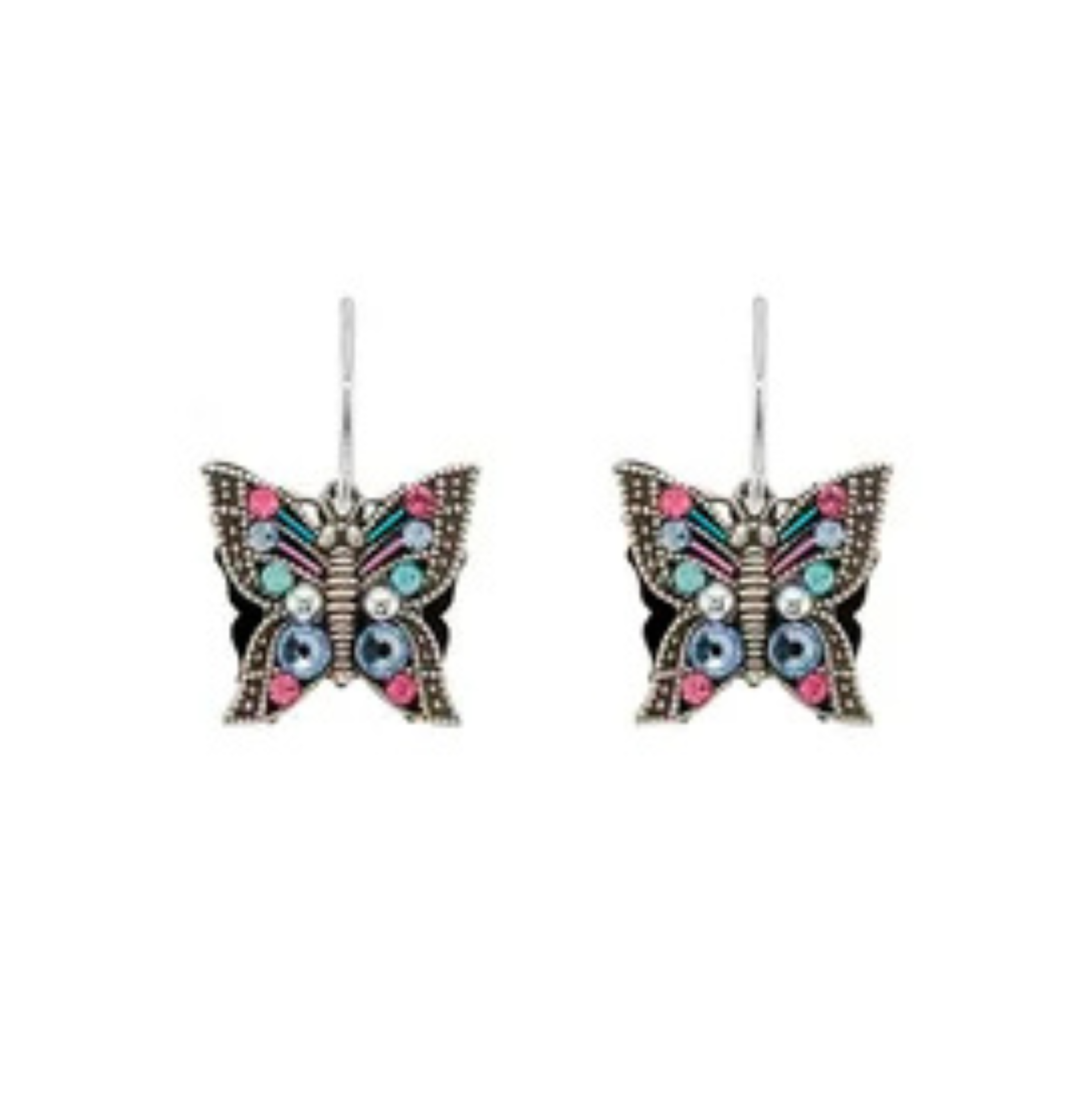 Pair of pastel crystal butterfly earrings on a white background