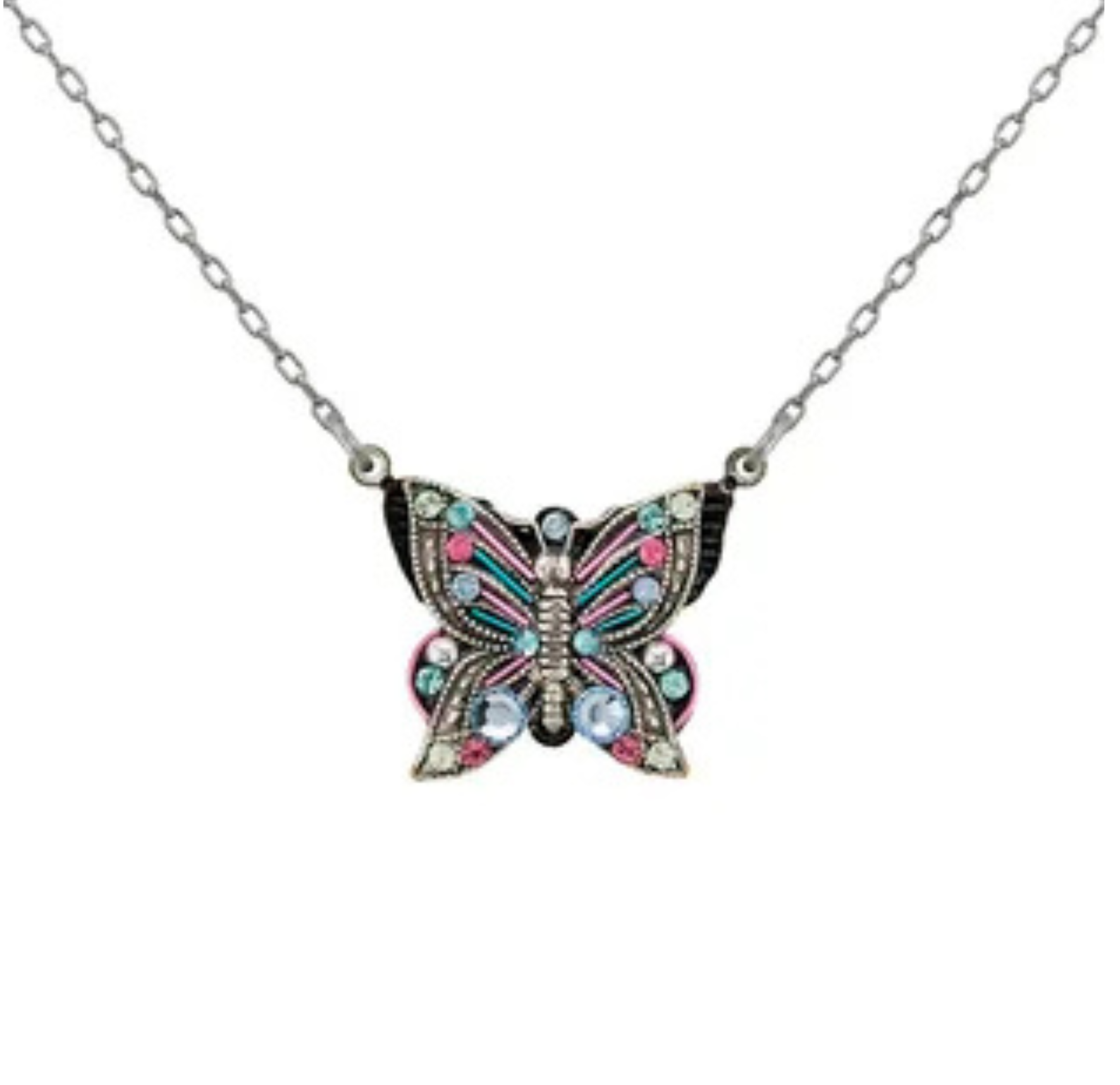 Introducing the Filigree Butterfly Necklace Light Blue by Firefly Jewelry. This beautiful silver necklace features a butterfly pendant adorned in delicate light blue with intricate patterns and sparkling gemstones. Expertly handcrafted by fair-trade artisan creators from Firefly, it showcases exquisite craftsmanship and refined detailing—a true testament to artisanal skill and design.