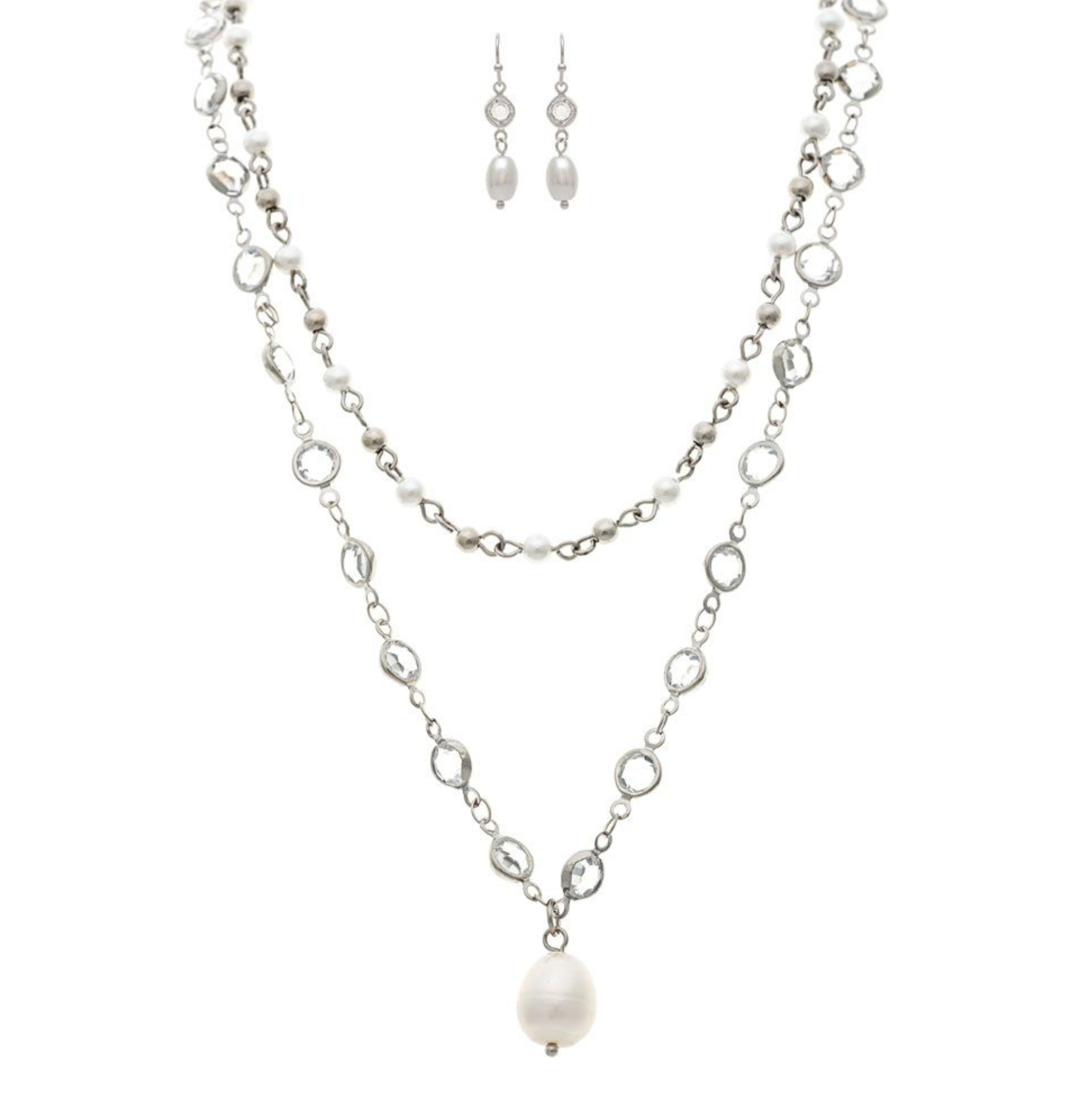 The A-Train Silver Mix FW/Faux Pearl Crystal Necklace Set includes two layered chains with clear gems, small pearls, a large faux pearl pendant, and matching dangle earrings with oval pearls, all shown on a white background.