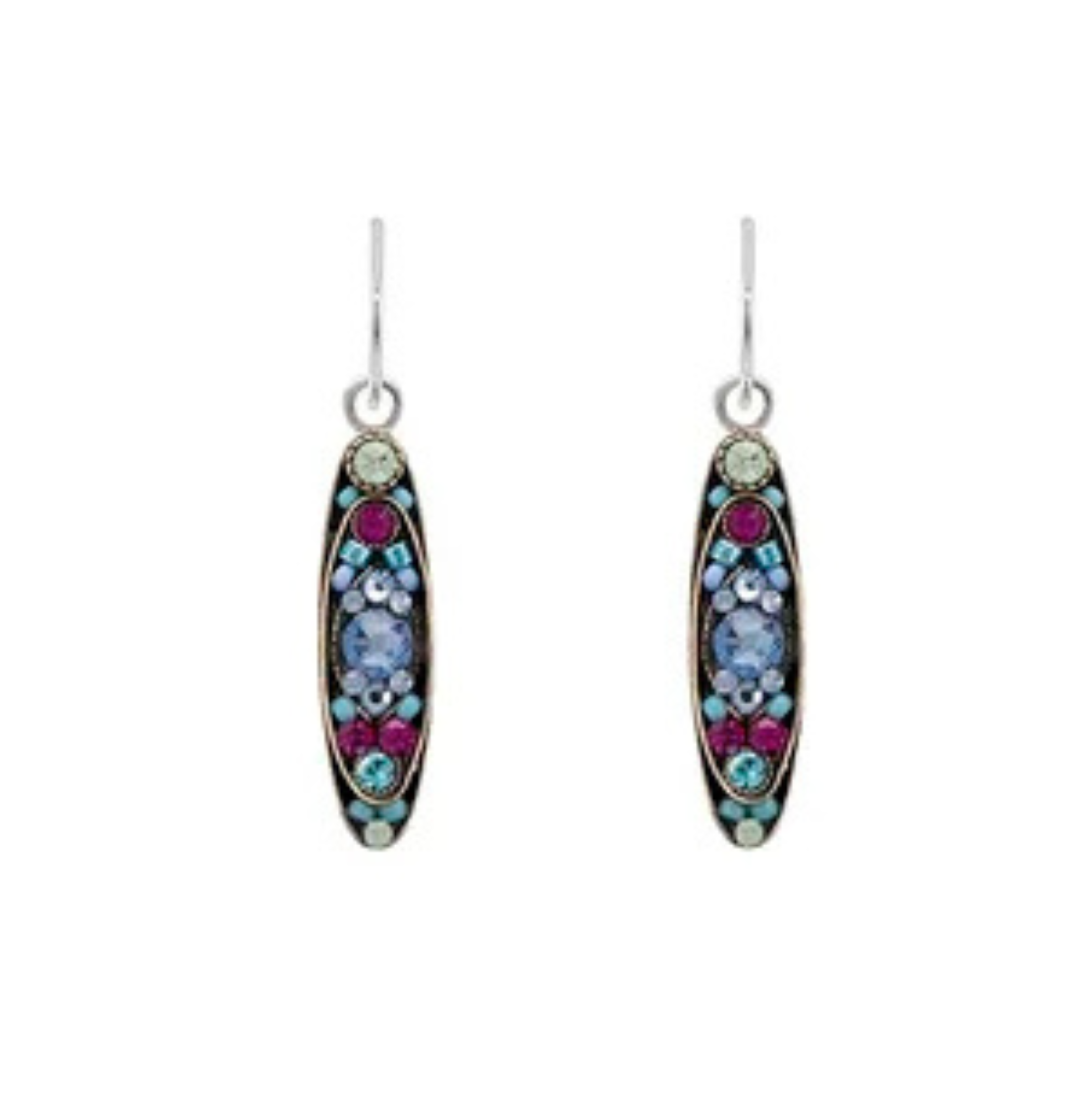 Discover the Sparkle Long Oval Earrings Light Blue by Firefly, featuring an elegant oval-shaped dangling design adorned with blue, purple, and turquoise gemstones set in silver-toned metal. Inspired by the artistry of handmade Guatemala earrings, these Firefly earrings offer comfortable wear with convenient hook-style clasps.