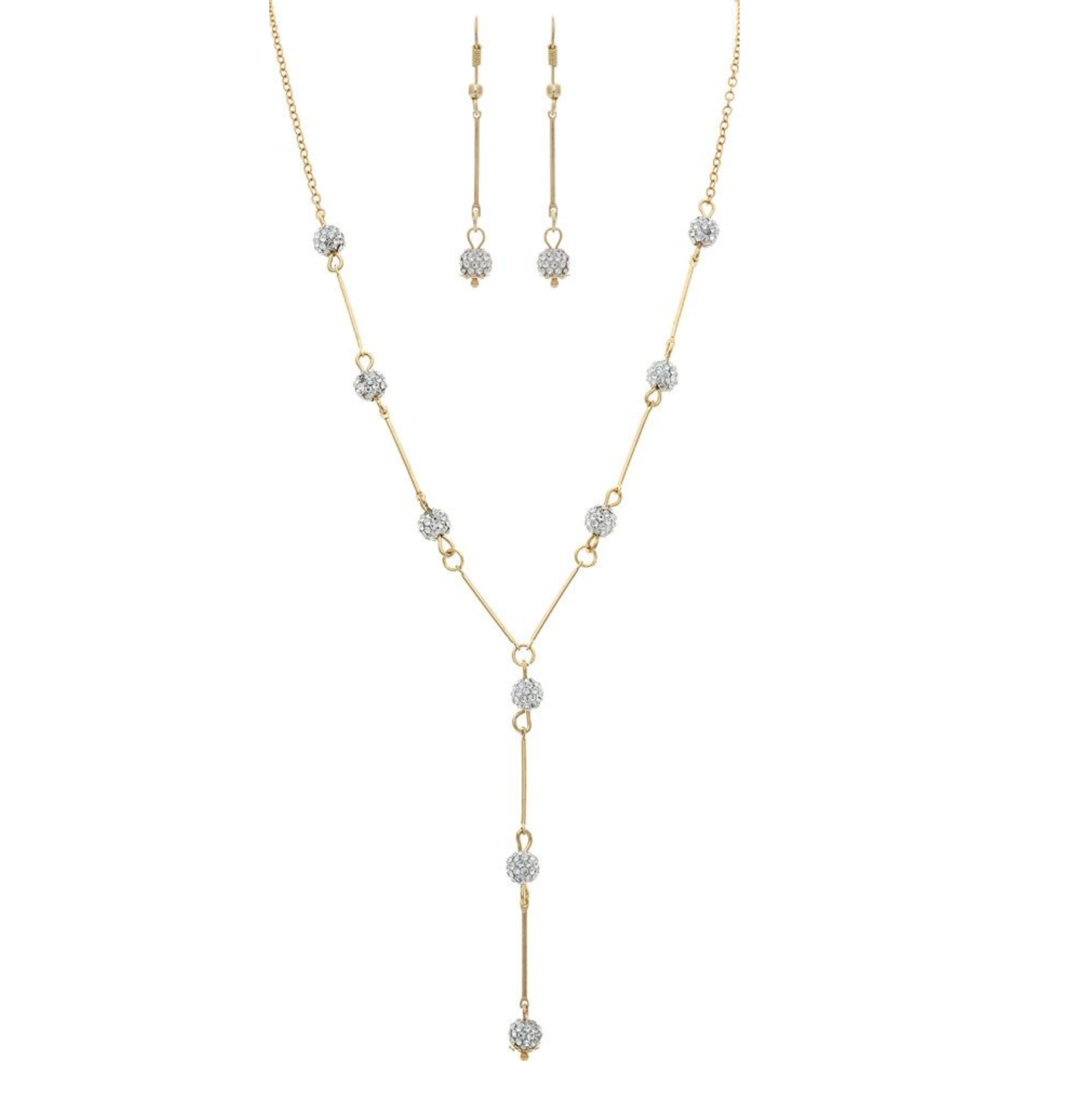 A-Train Gold Crystal Bead/Gold Bar Link Y Drop Necklace Set with matching dangle earrings, featuring sparkling clustered accents, displayed on a white background.