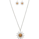 The A-Train Two-Tone Blazing Sun Necklace Set features sun-shaped pendants in mixed metals with gold-toned centers; the necklace boasts a bold sun pendant while the earrings display smaller matching designs.