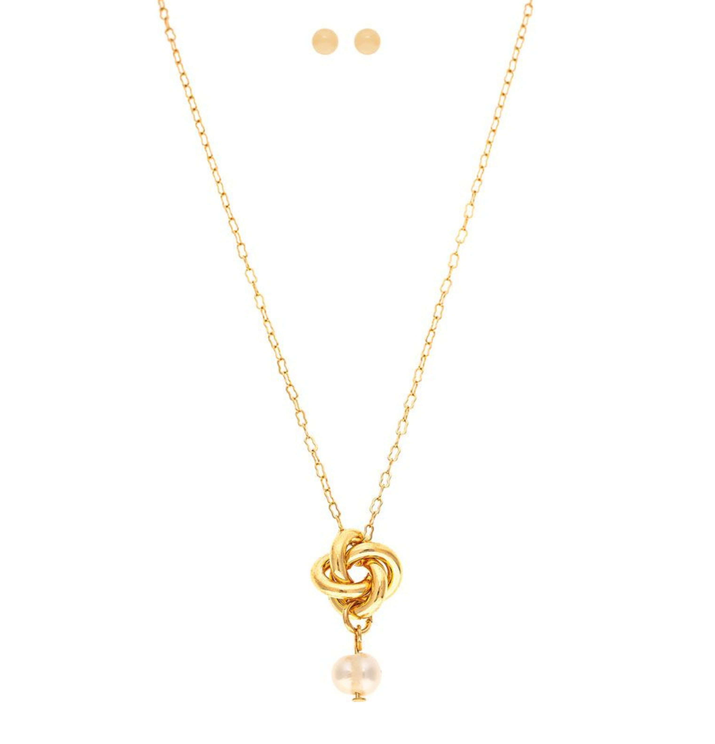 The A-Train Gold Love Knot w/ Freshwater Pearl Necklace Set features a knot pendant necklace with a freshwater pearl and matching round pearl stud earrings, elegantly displayed on a white background.