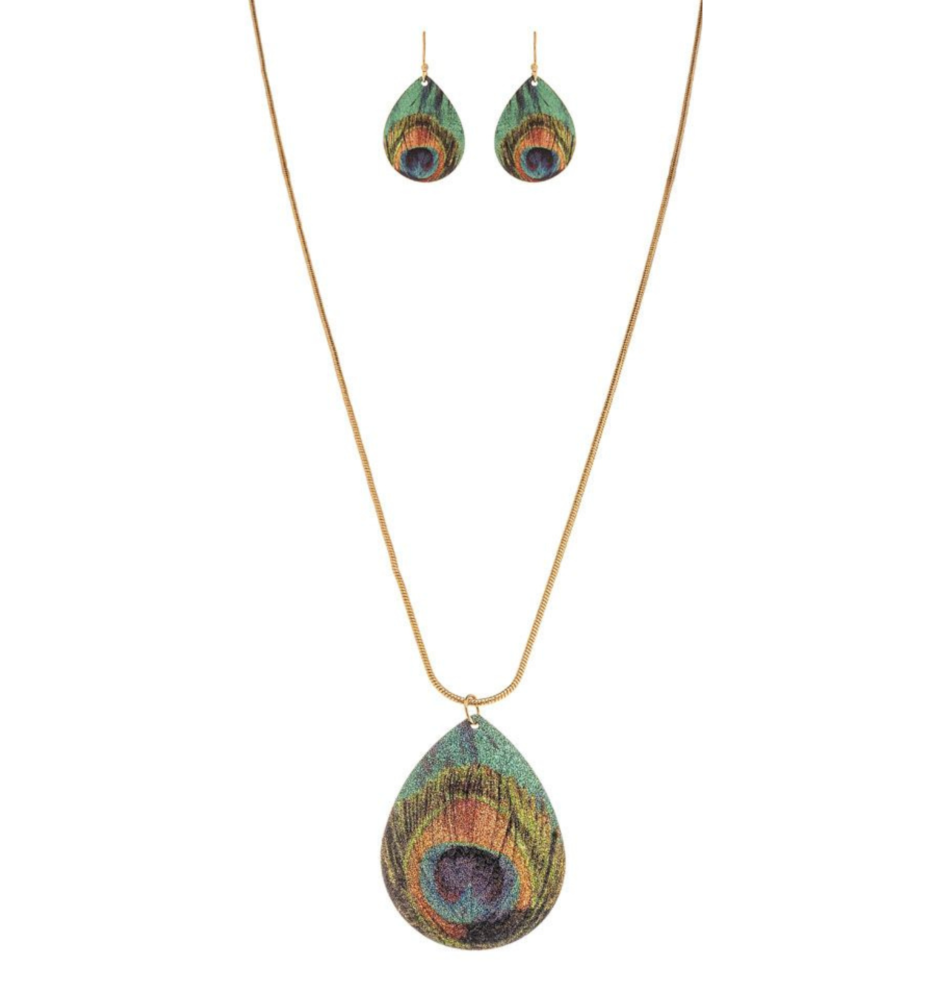 A-Train Gold Peacock Necklace Set: Elegant mixed-metal necklace and earrings with large teardrop pendants, showcasing vibrant green, blue, and bronze peacock feather patterns for a coordinated look.