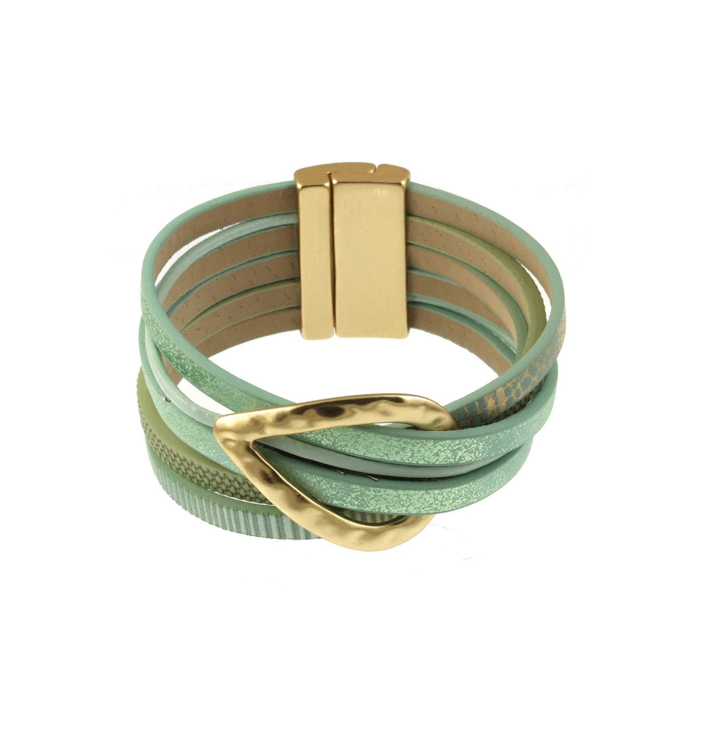 Origin’s Matt KC Gold/Aqua Print Hammered Teardrop Magnetic Bracelet features multiple light mint green leather straps, a shiny hammered teardrop centerpiece, and a rectangular gold magnetic clasp.