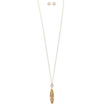 A-Train Gold Faux Pearl Shell Oval 32 Long Necklace Set features a gold pendant necklace with an oval shell charm and matching small round stud earrings with clear stones, shown on a white background.