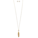A-Train Gold Faux Pearl Shell Oval 32 Long Necklace Set features a gold pendant necklace with an oval shell charm and matching small round stud earrings with clear stones, shown on a white background.
