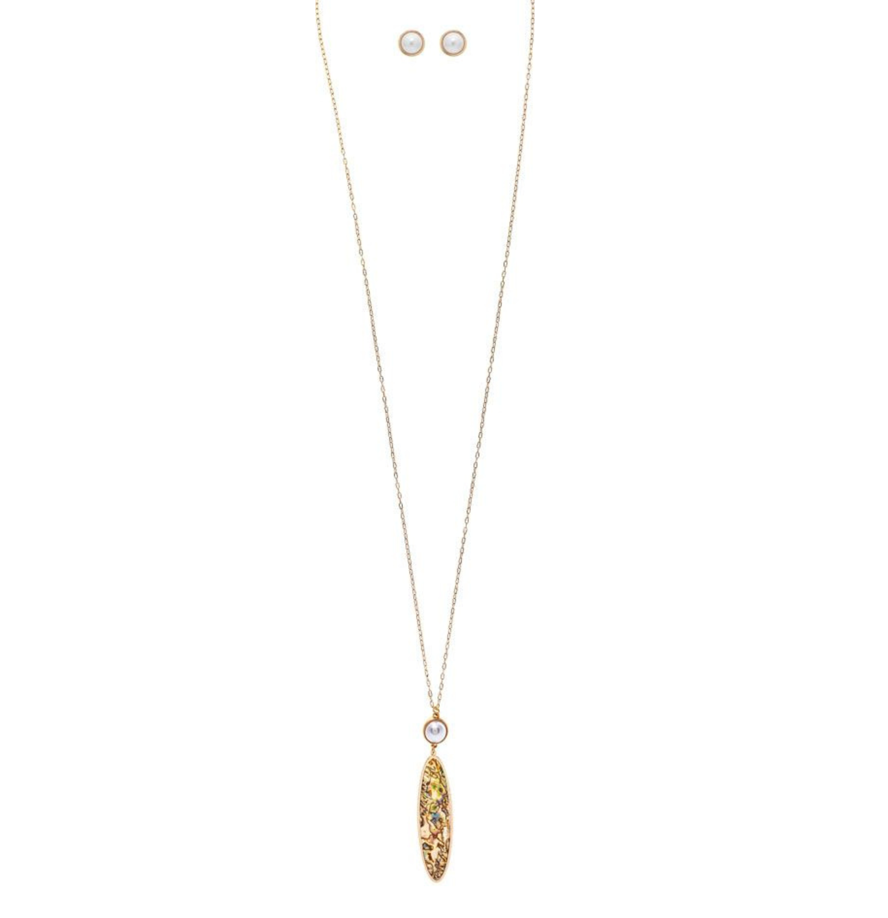 A-Train Gold Faux Pearl Shell Oval 32 Long Necklace Set features a gold pendant necklace with an oval shell charm and matching small round stud earrings with clear stones, shown on a white background.