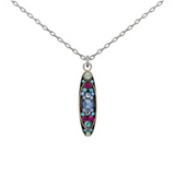 Introducing the Sparkle Long Oval Pendant Light Blue Necklace by Firefly—a handmade silver necklace featuring a long oval pendant adorned with a series of small, vibrant gemstones in shades of blue, purple, and turquoise. This eye-catching jewelry piece from Firefly beautifully showcases artisan craftsmanship and colorful elegance.