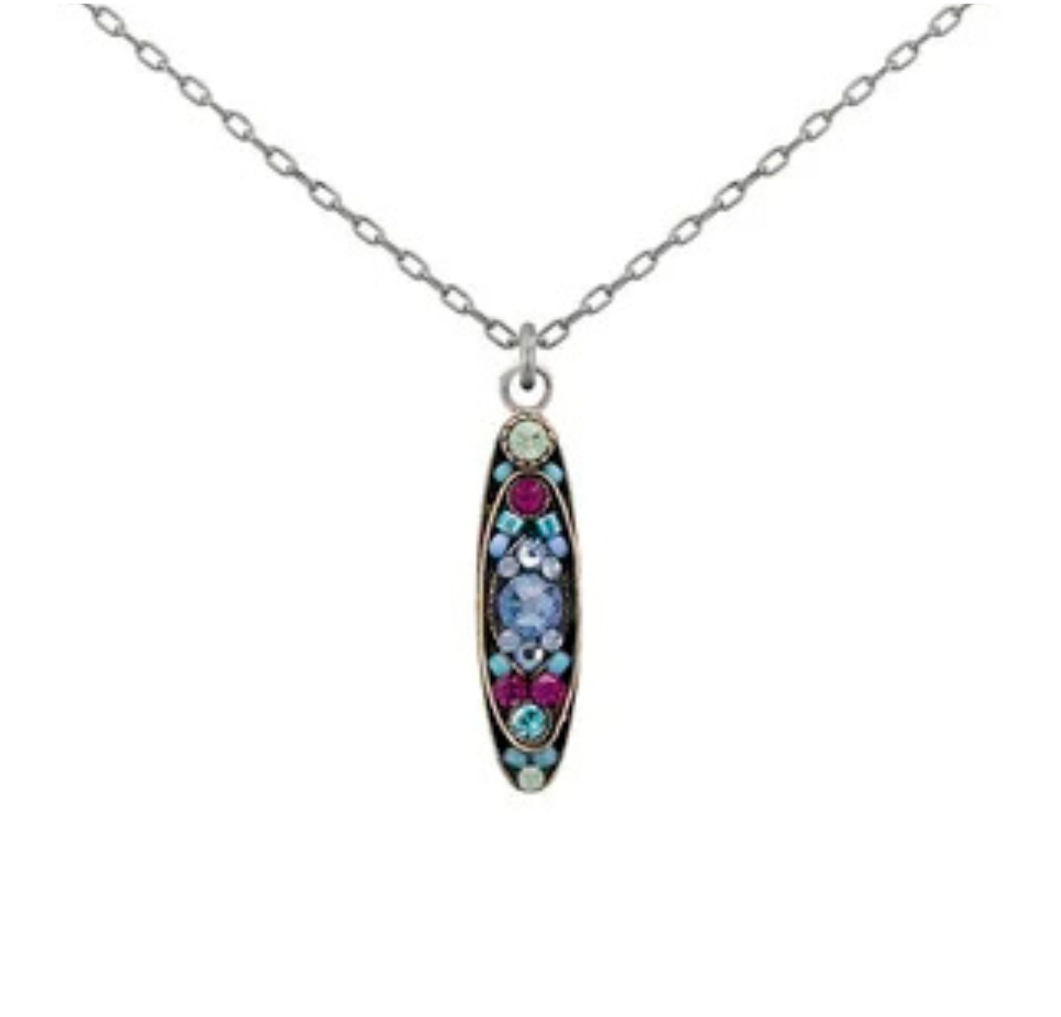 Introducing the Sparkle Long Oval Pendant Light Blue Necklace by Firefly—a handmade silver necklace featuring a long oval pendant adorned with a series of small, vibrant gemstones in shades of blue, purple, and turquoise. This eye-catching jewelry piece from Firefly beautifully showcases artisan craftsmanship and colorful elegance.