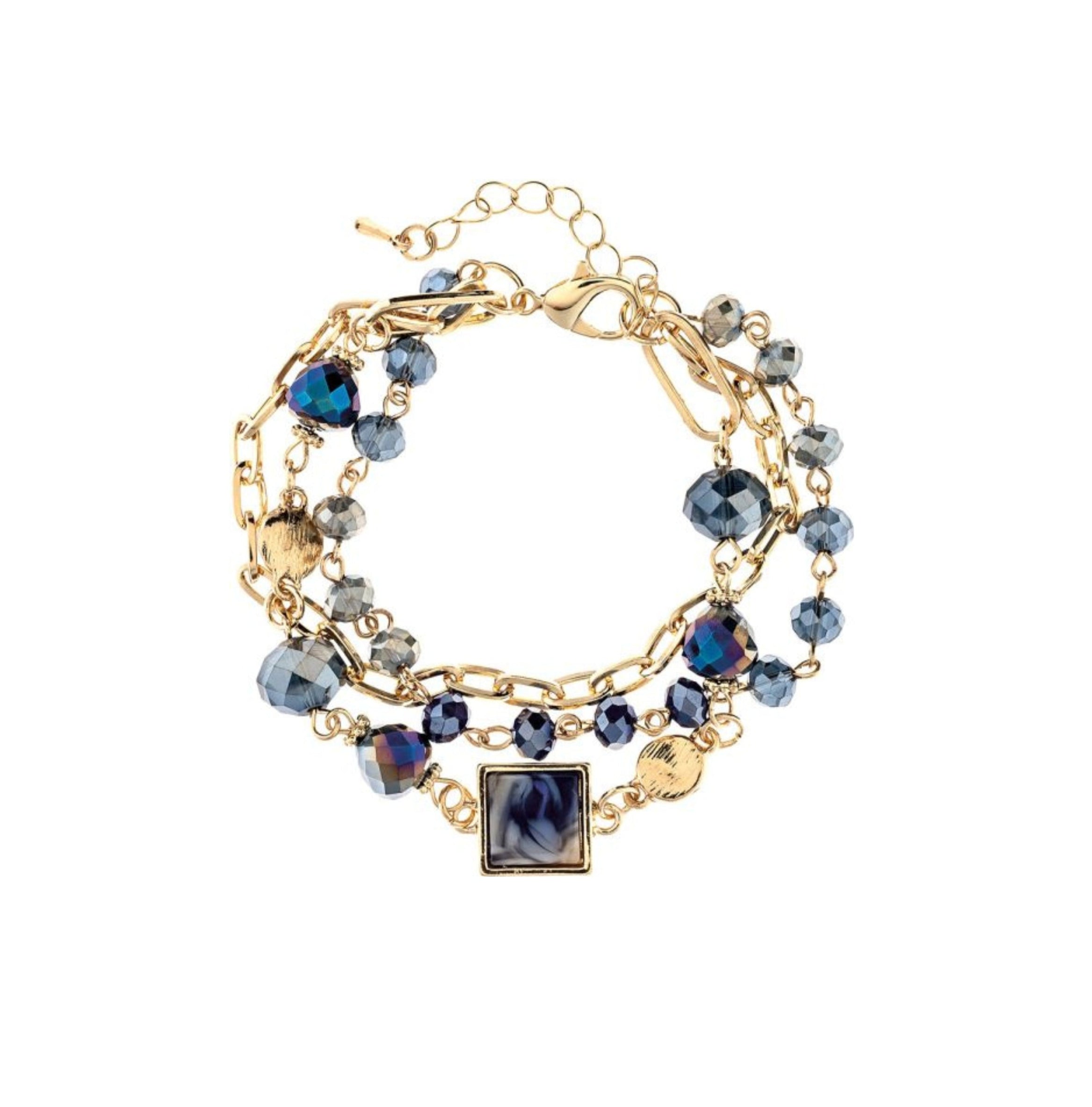 A-Train’s Gold Glass & Acrylic Squares Link Bracelet features multiple gold chains with blue and iridescent beads, gold charms, and a marbled blue-and-white square centerpiece. An adjustable clasp ensures a perfect fit.