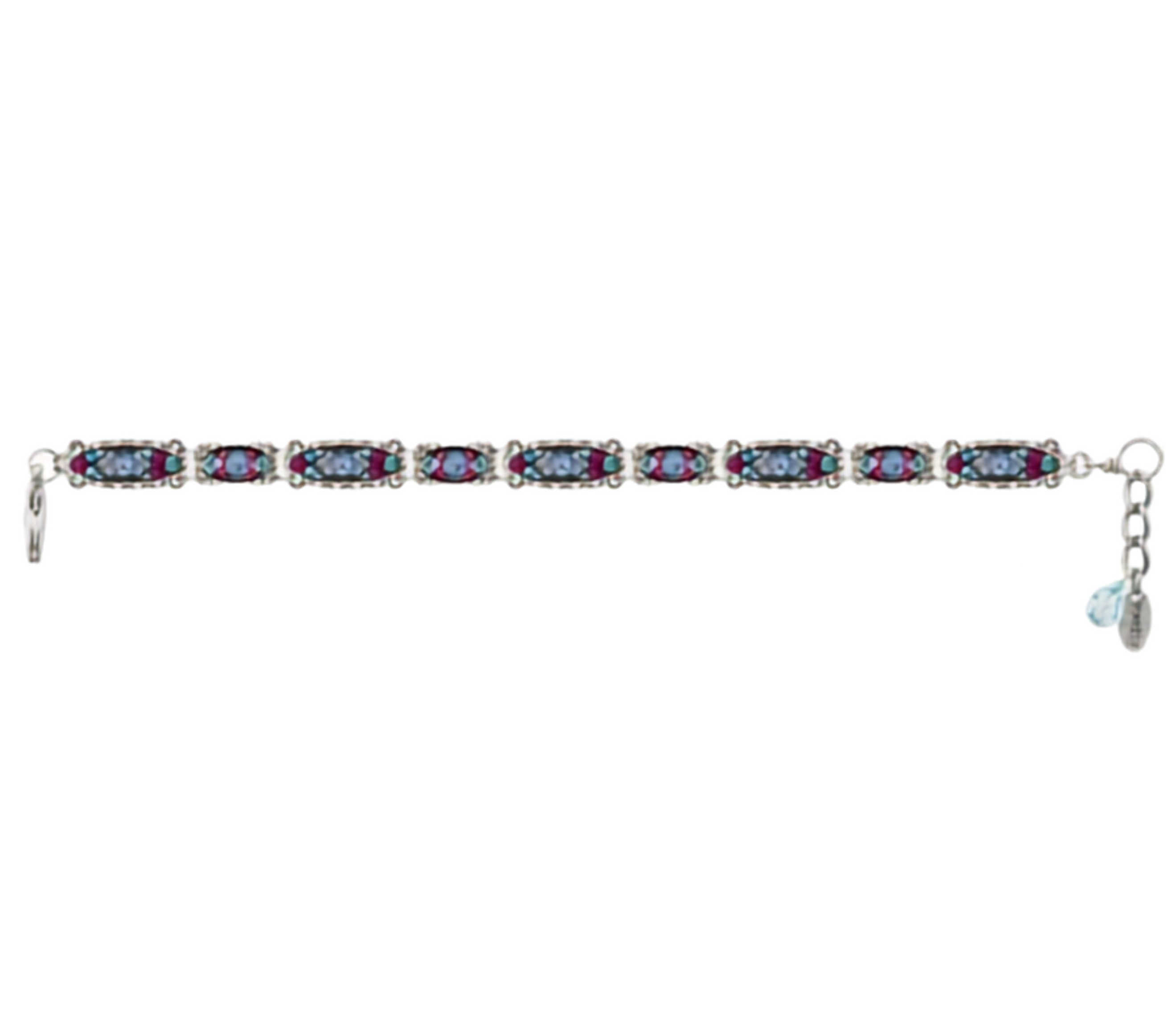 Introducing the Sparkle Thin Light Blue Bracelet by Firefly, a handmade jewelry piece featuring eight rectangular blue and pink gemstone links bordered with intricate silver detailing, plus a delicate dangling charm near the clasp—beautifully reflecting the exceptional skill of fair-trade artisan craftsmanship.