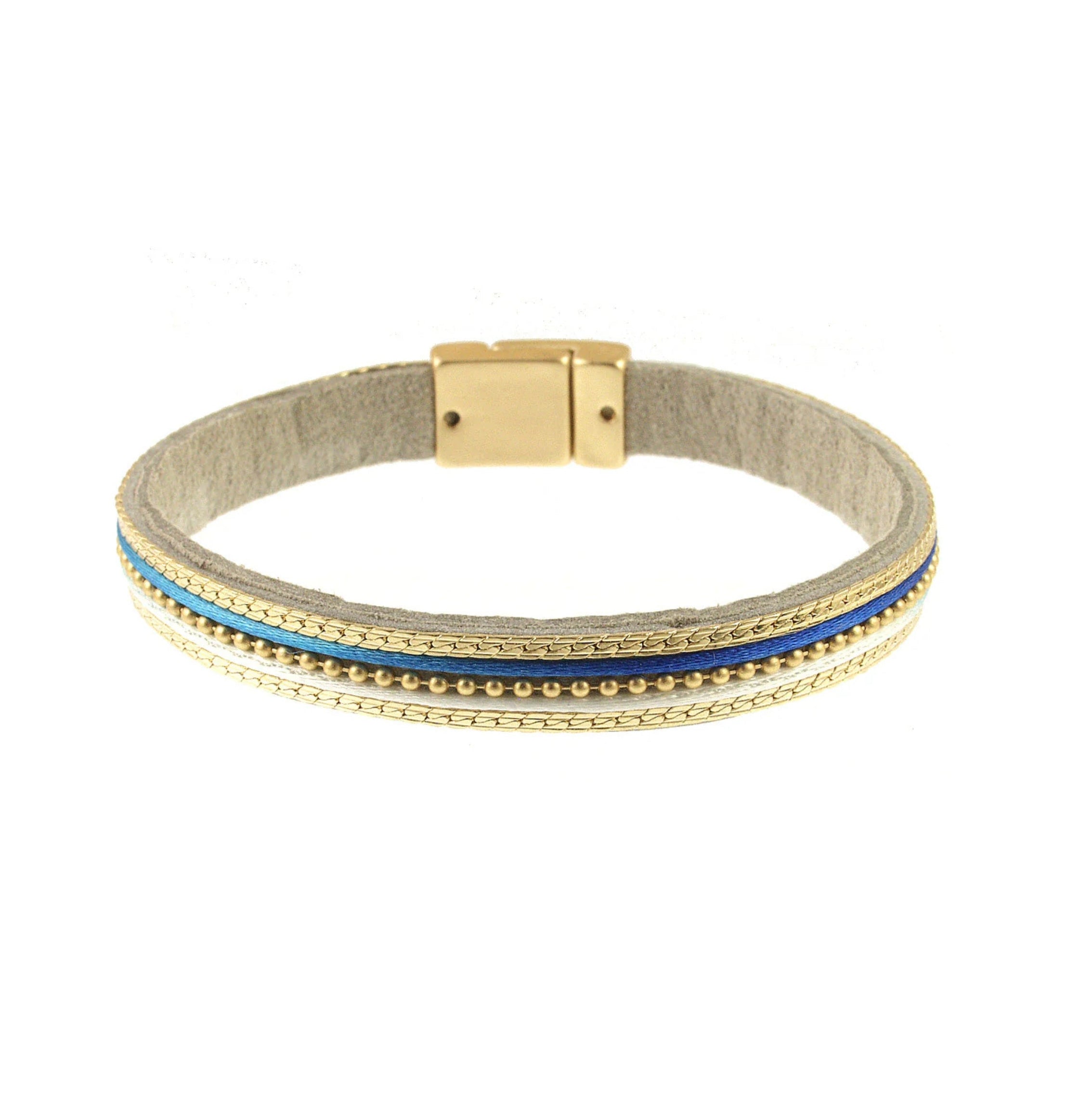The Origin Matte Gold, Navy & White Gold Bead Center Magnetic Bracelet features a beige suede band with a matte gold clasp and parallel rows of gold, blue, and turquoise beads—an elegant accessory for any style.