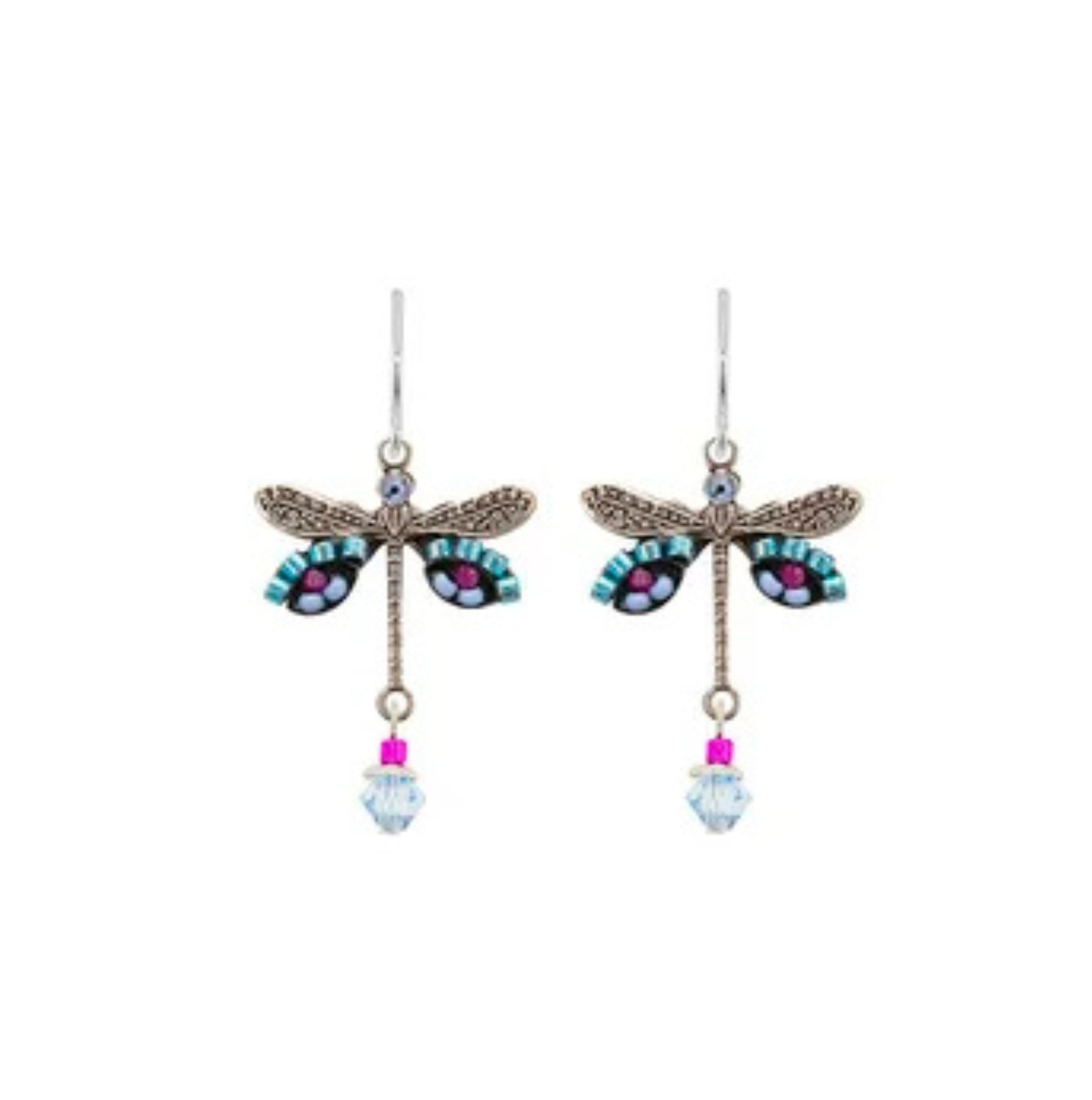 Light blue dragonfly earrings on a white background