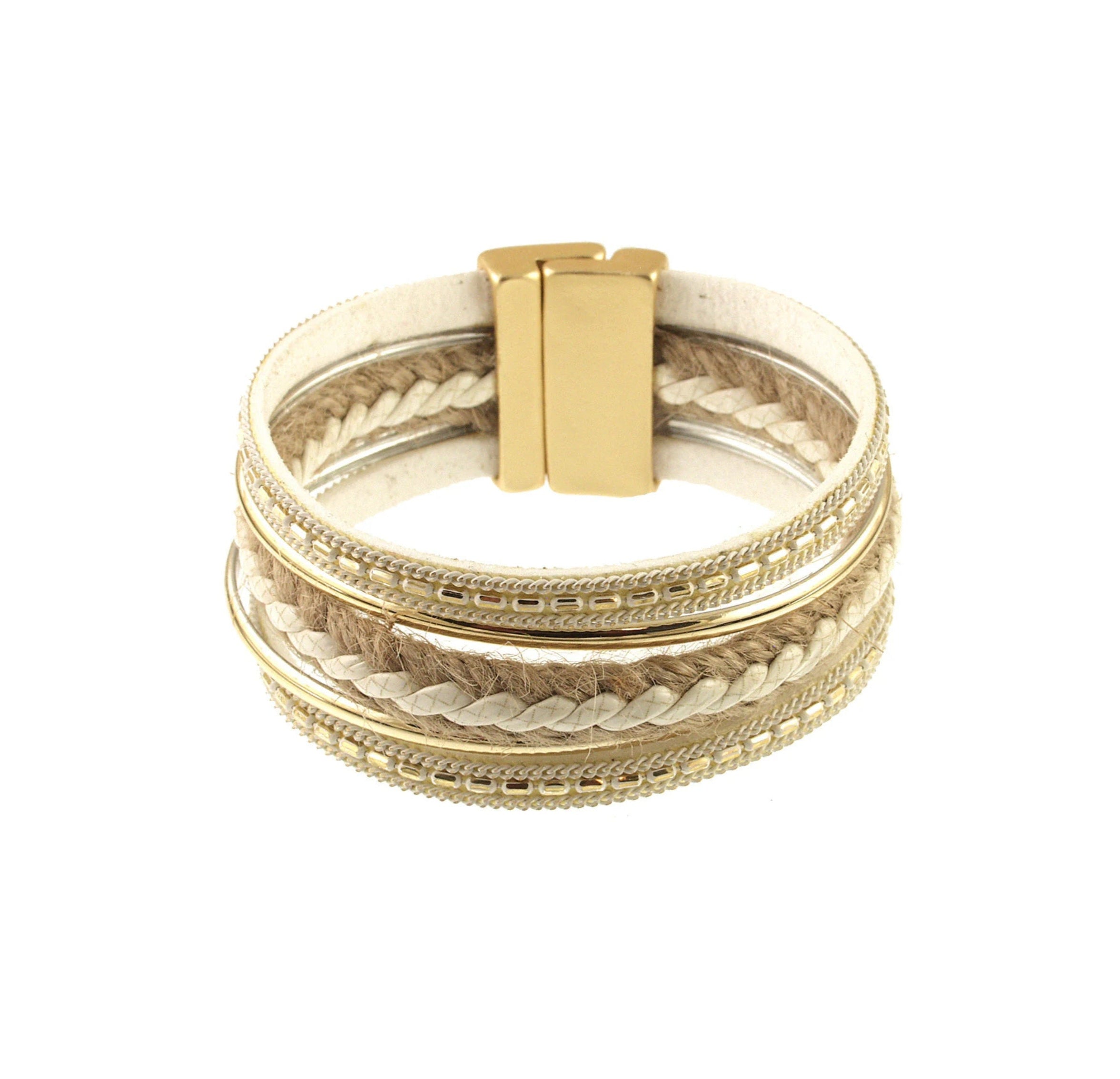 The Origin Matte Gold & Beige Magnetic Bracelet features taupe and white braided bands with a textured finish, crafted from mixed jeweler’s metals, and secured with a wide magnetic clasp.