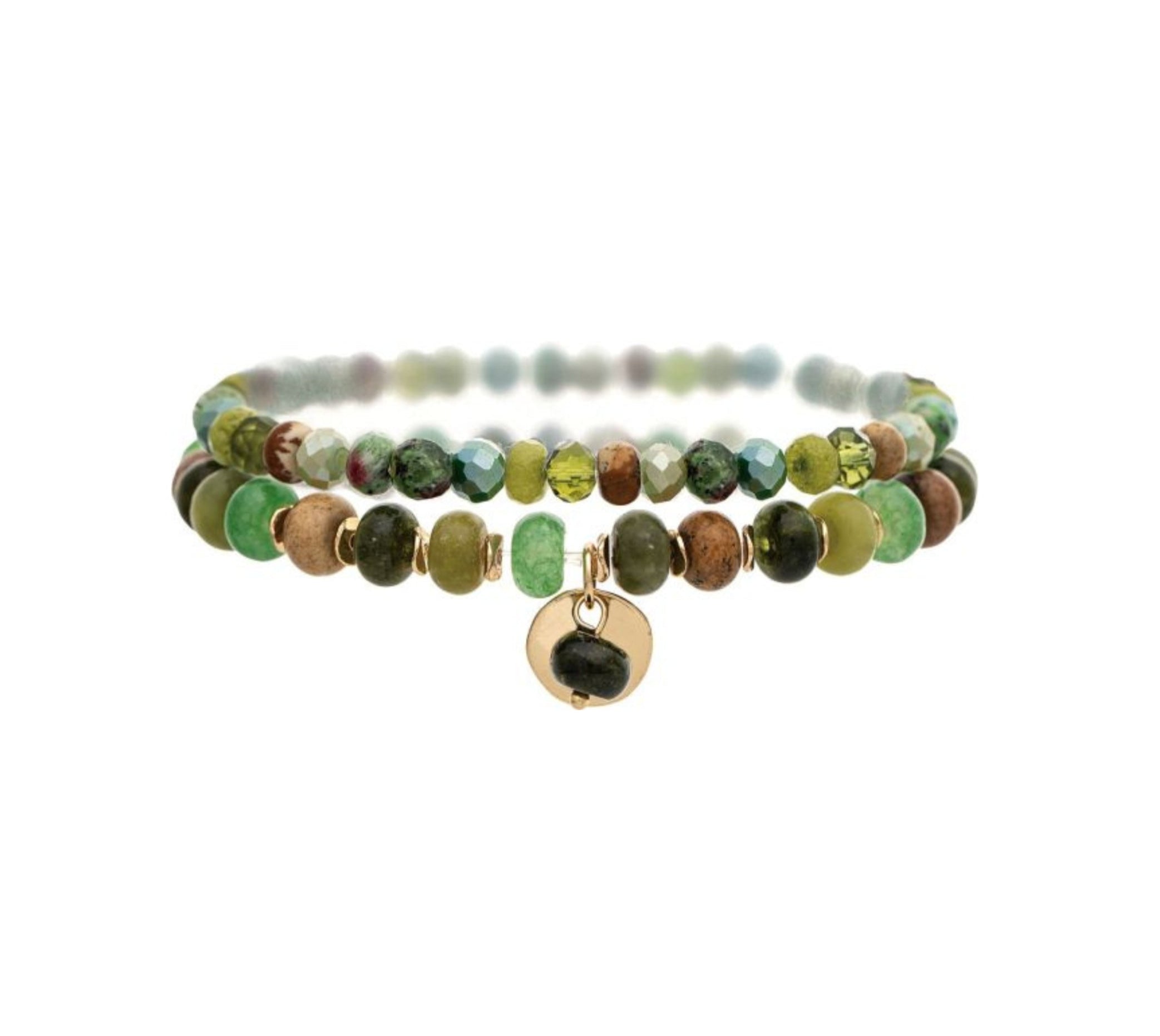 The A-Train Gold Green Color Treated Jade Bead 2 Pc Set Bracelet features two strands of multicolored beads and a gold charm with a dark stone, perfect for everyday or special occasions. Shown on a white background.