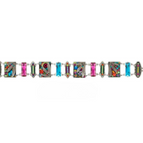 Discover the vibrant Botanical Wide Bracelet Multi-Color by Firefly Jewelry, a handmade piece featuring rectangular and oval segments adorned with intricate patterns and sparkling gemstones in pink, blue, and turquoise hues. Connected by silver links and finished with a secure clasp, this eye-catching bracelet from Firefly is beautifully displayed against a white background.