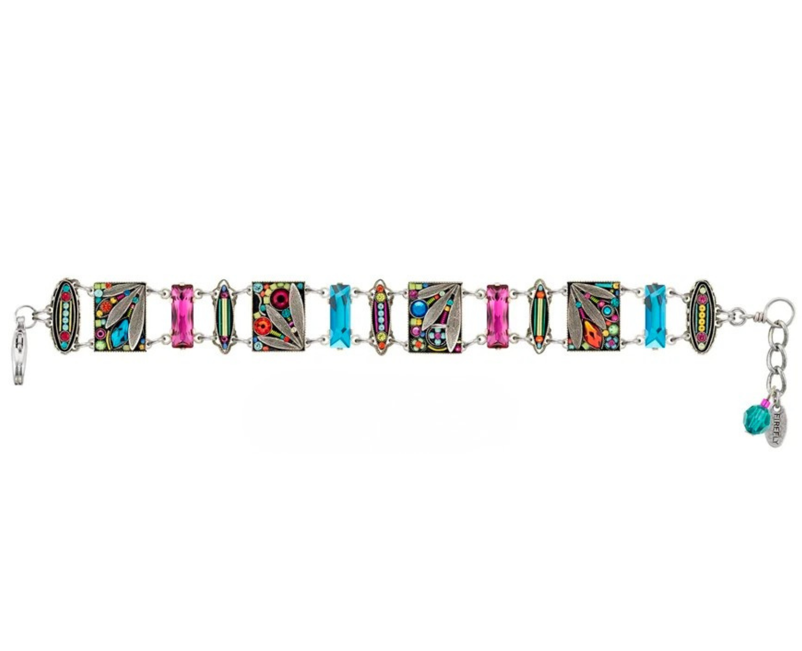 Discover the vibrant Botanical Wide Bracelet Multi-Color by Firefly Jewelry, a handmade piece featuring rectangular and oval segments adorned with intricate patterns and sparkling gemstones in pink, blue, and turquoise hues. Connected by silver links and finished with a secure clasp, this eye-catching bracelet from Firefly is beautifully displayed against a white background.