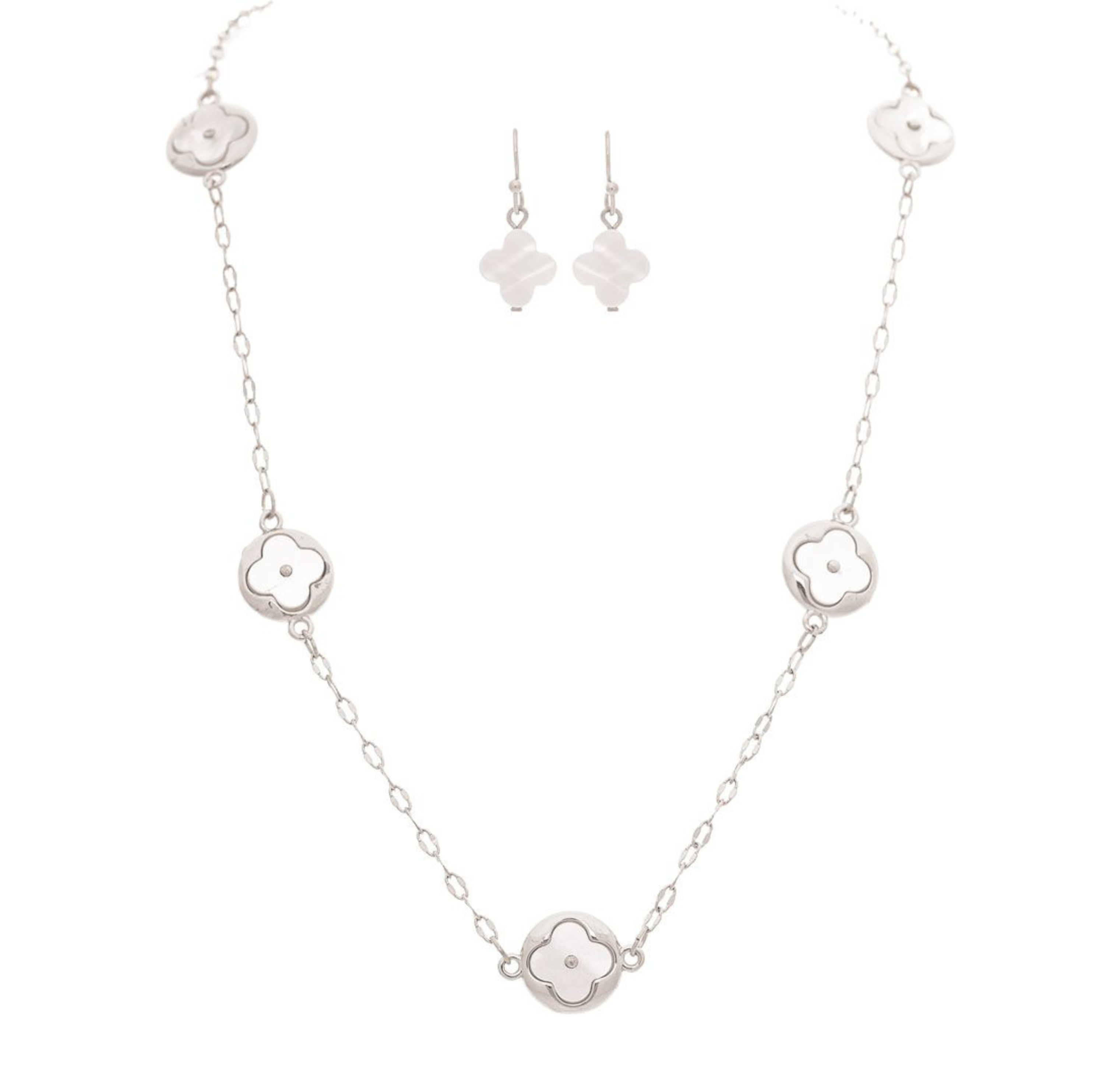 The A-Train Silver Mother-of-Pearl Clovers Necklace Set features five white floral pendants on a delicate mixed-metal chain, and includes matching drop earrings with the same elegant design.
