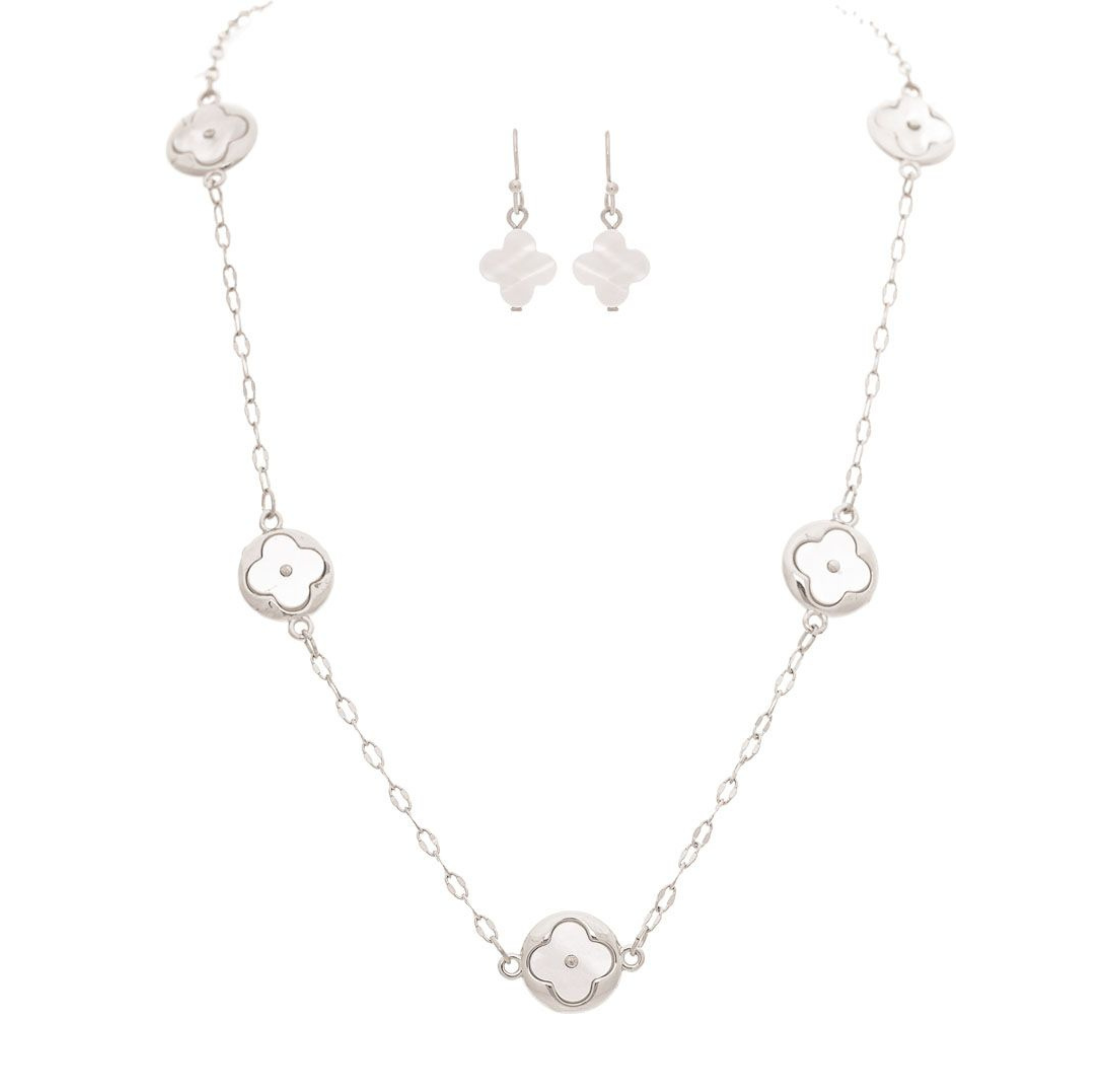 The A-Train Silver Mother-of-Pearl Clovers Necklace Set features five white floral pendants on a delicate mixed-metal chain, and includes matching drop earrings with the same elegant design.