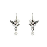 A pair of silver drop earrings adorned with small leaves, glass pearls, and sparkling stones in a floral motif—these Flora w/Glass Pearls White Earrings from Firefly are exquisite handmade fair-trade pieces that add elegance to any look.