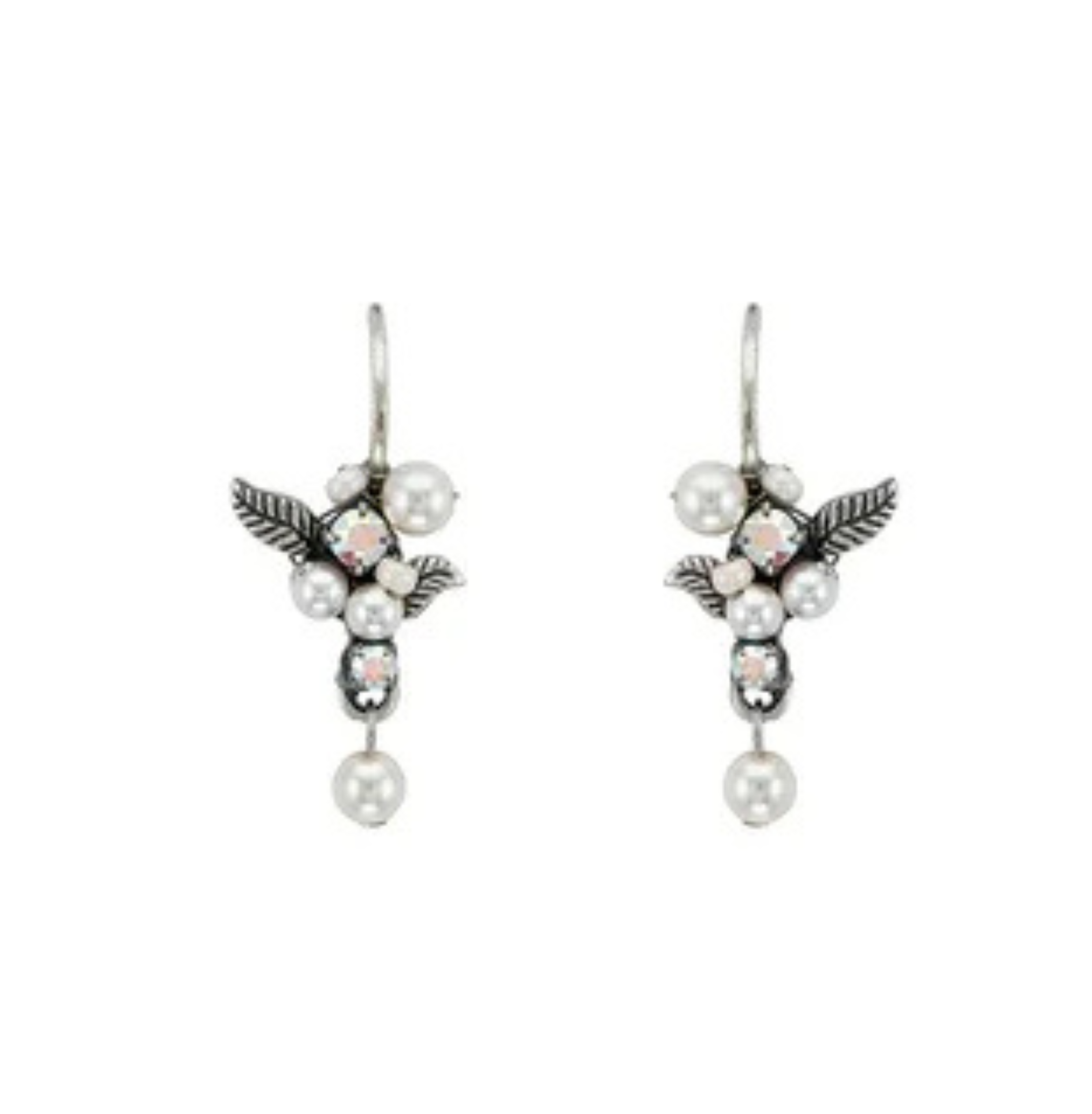 A pair of silver drop earrings adorned with small leaves, glass pearls, and sparkling stones in a floral motif—these Flora w/Glass Pearls White Earrings from Firefly are exquisite handmade fair-trade pieces that add elegance to any look.