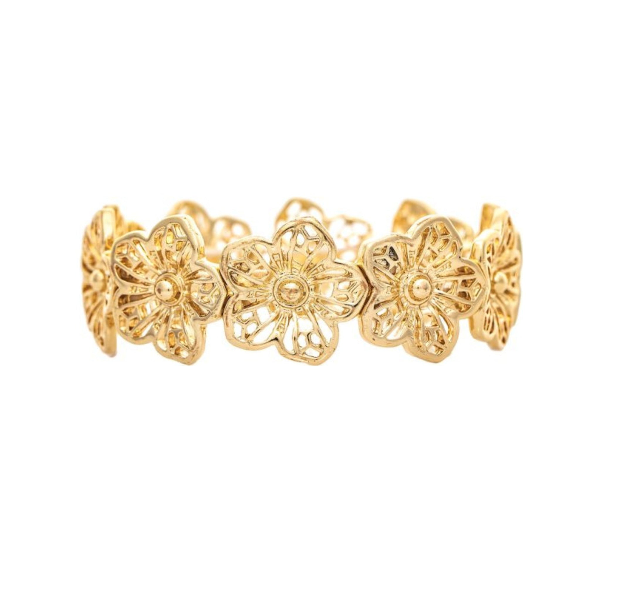 The A-Train Gold Linked Flower Cutouts ring features detailed petal designs crafted from mixed jeweler’s metals, showcased against a white background.
