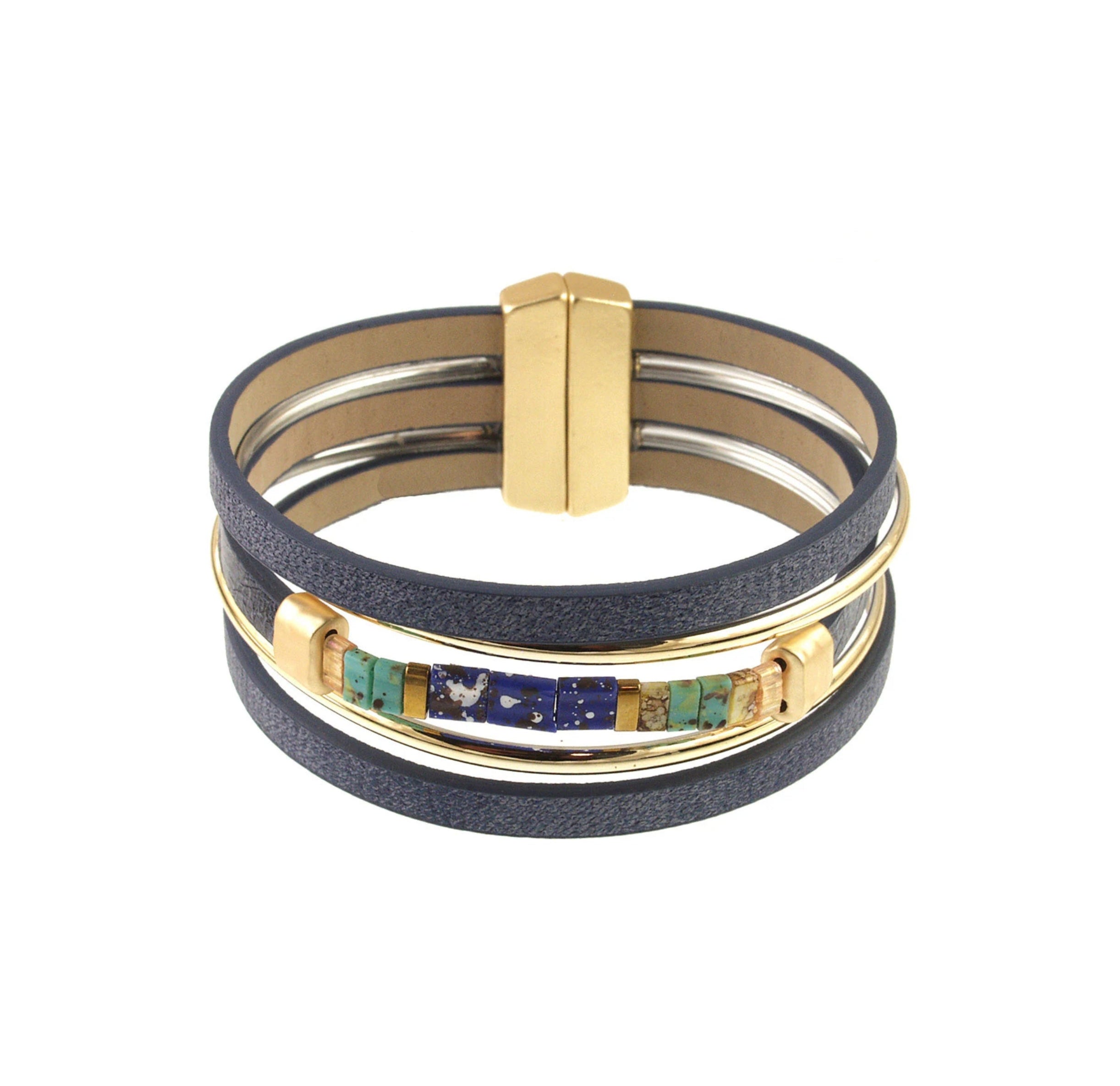 The Origin Matte Gold & Navy w/Blue & Aqua Glass Beads Magnetic Bracelet features navy bands, matte gold accents, blue and aqua glass beads, and a secure magnetic clasp for stylish everyday wear.