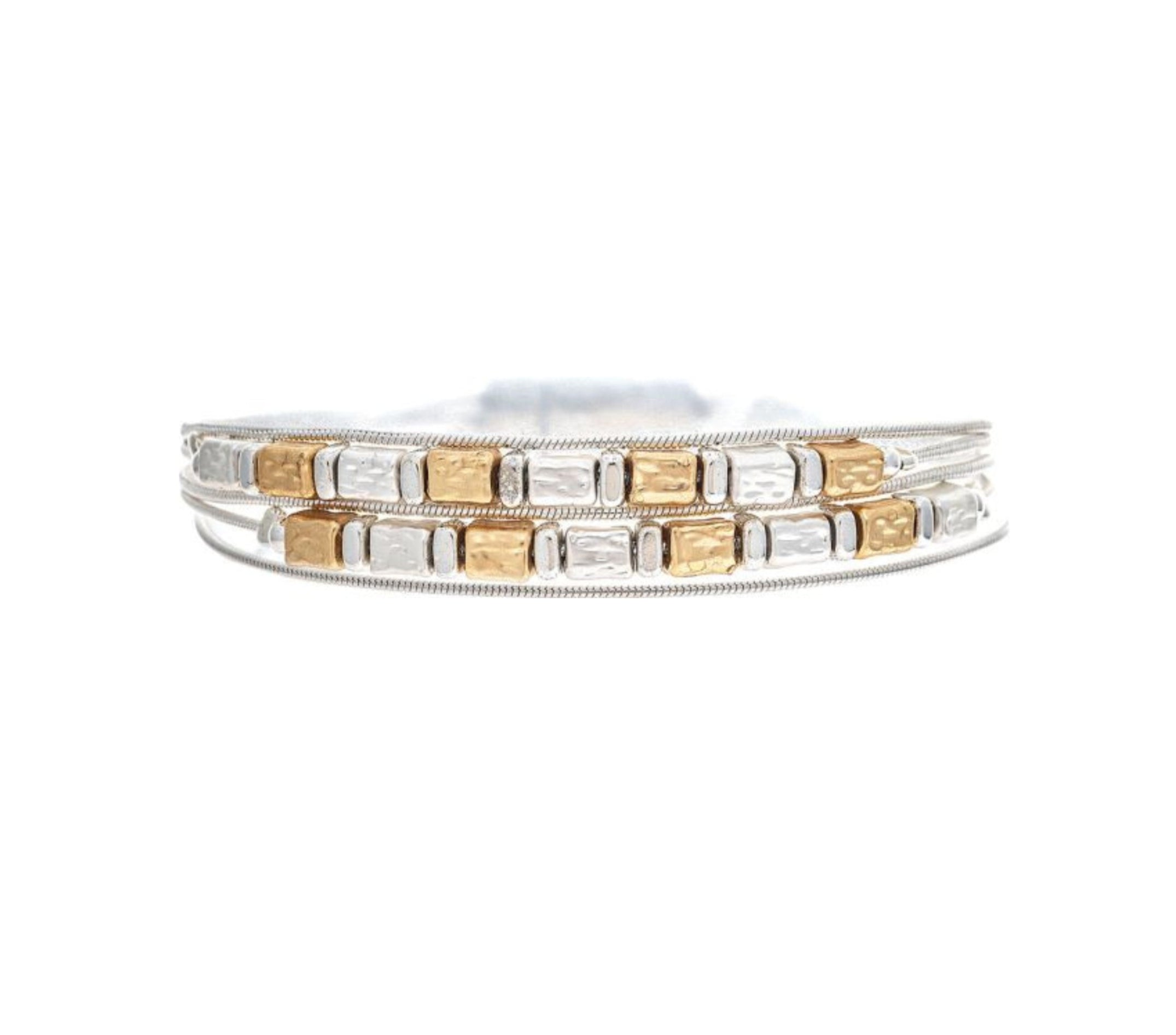 A-Trains Two-Tone Square Beads Chain Rows Magnetic Bracelet features alternating silver and gold square beads with rectangular links in a repeating pattern, shown up close against a white background.