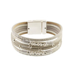 The Origin Textured Silver/Silver Beads & Crystals Magnetic Bracelet features layered textured bands, metallic wire accents, silver beads, and a rectangular magnetic clasp.
